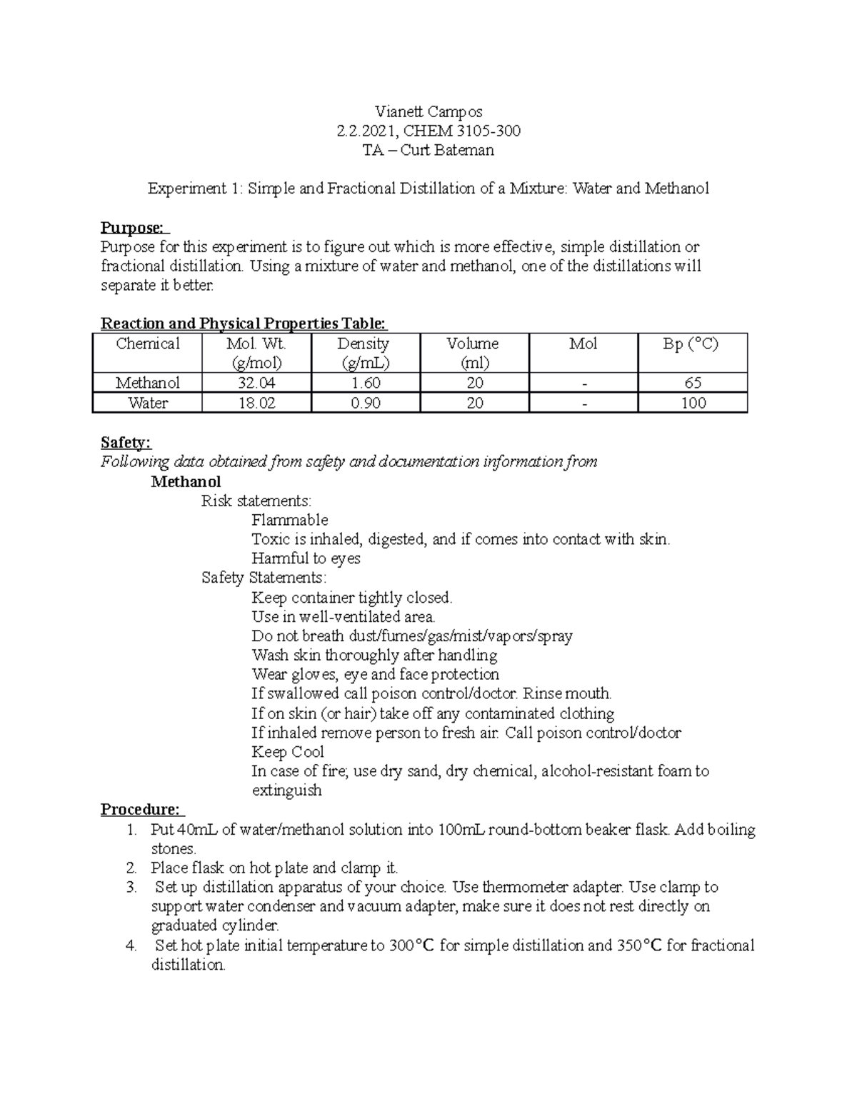 Lab Report 1 - Vianett Campos 2.2, CHEM 3105- TA – Curt Bateman ...