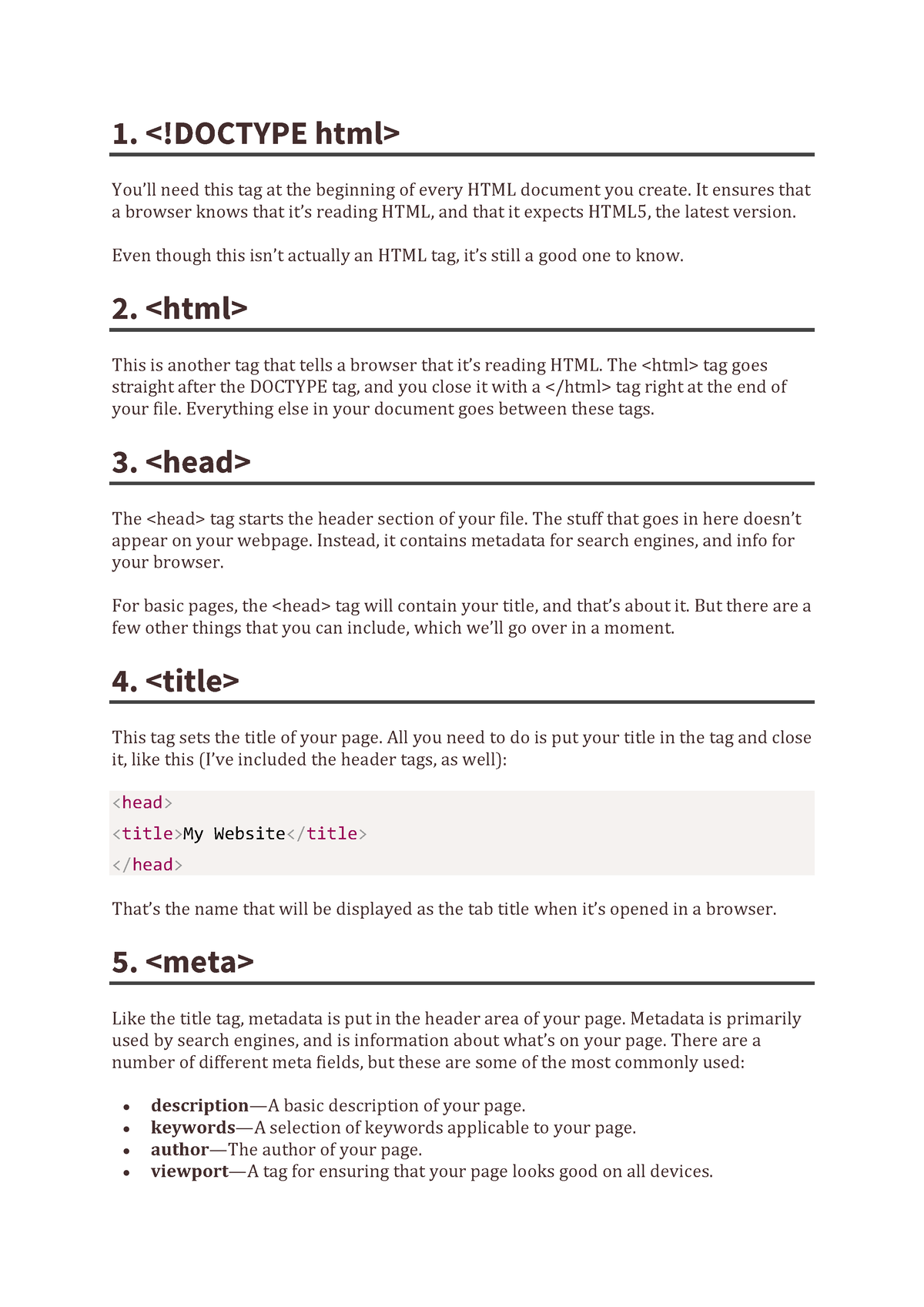 HTML Basic Tags - 1. You’ll Need This Tag At The Beginning Of Every ...