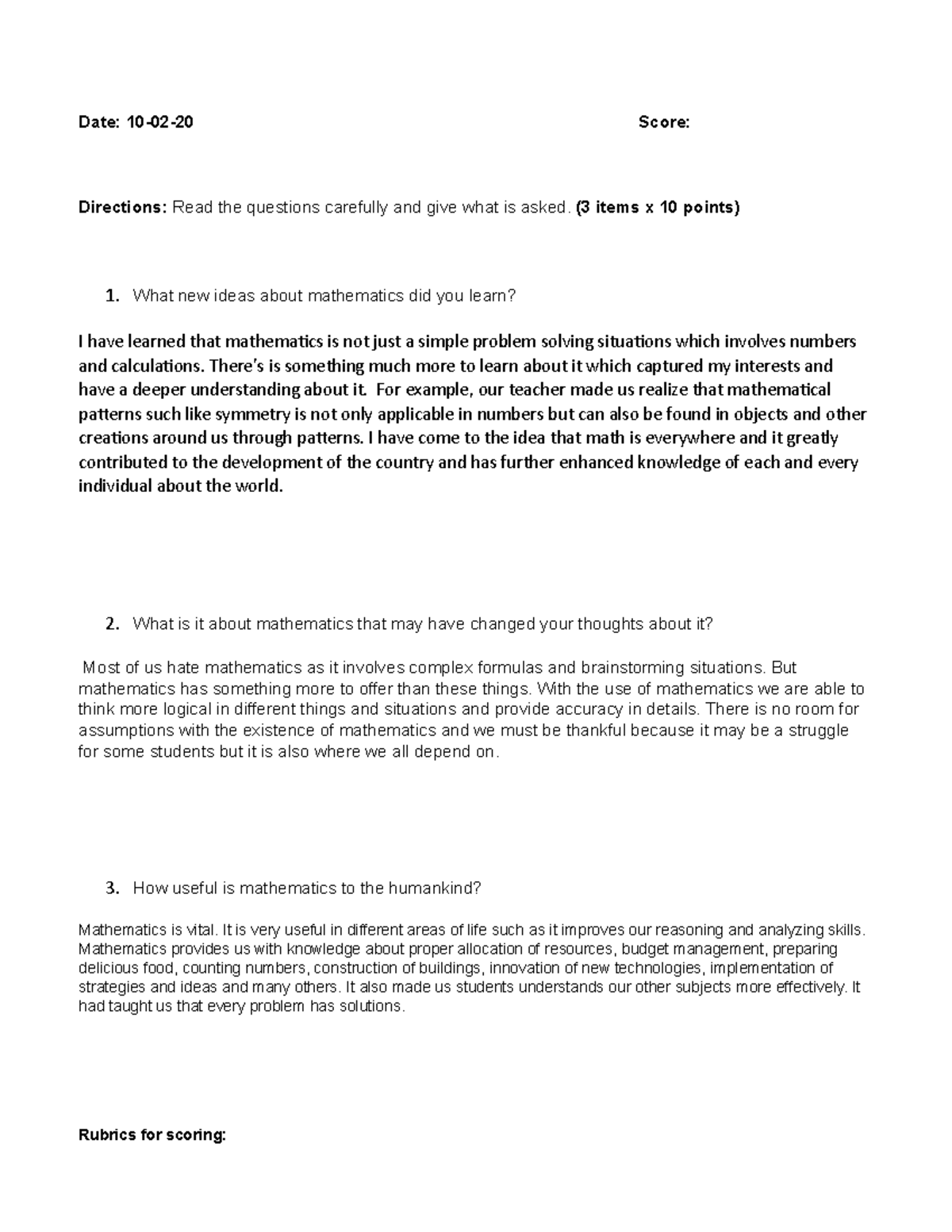 01-Seatwork-2 mathematics to the humankind - Date: 10-02-20 Score ...