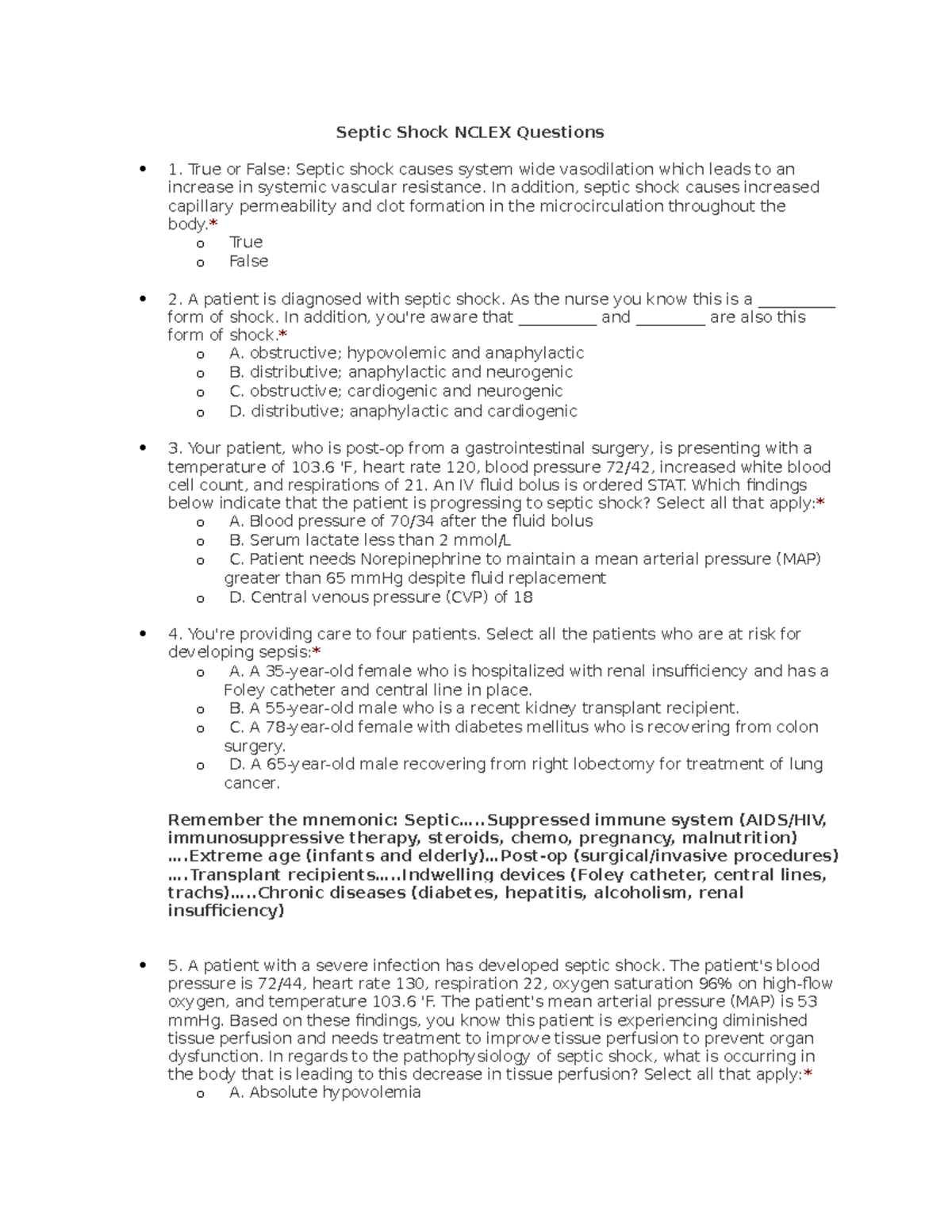 Nurse Sarah Septic Septic Shock Nclex Questions 1 True Or False