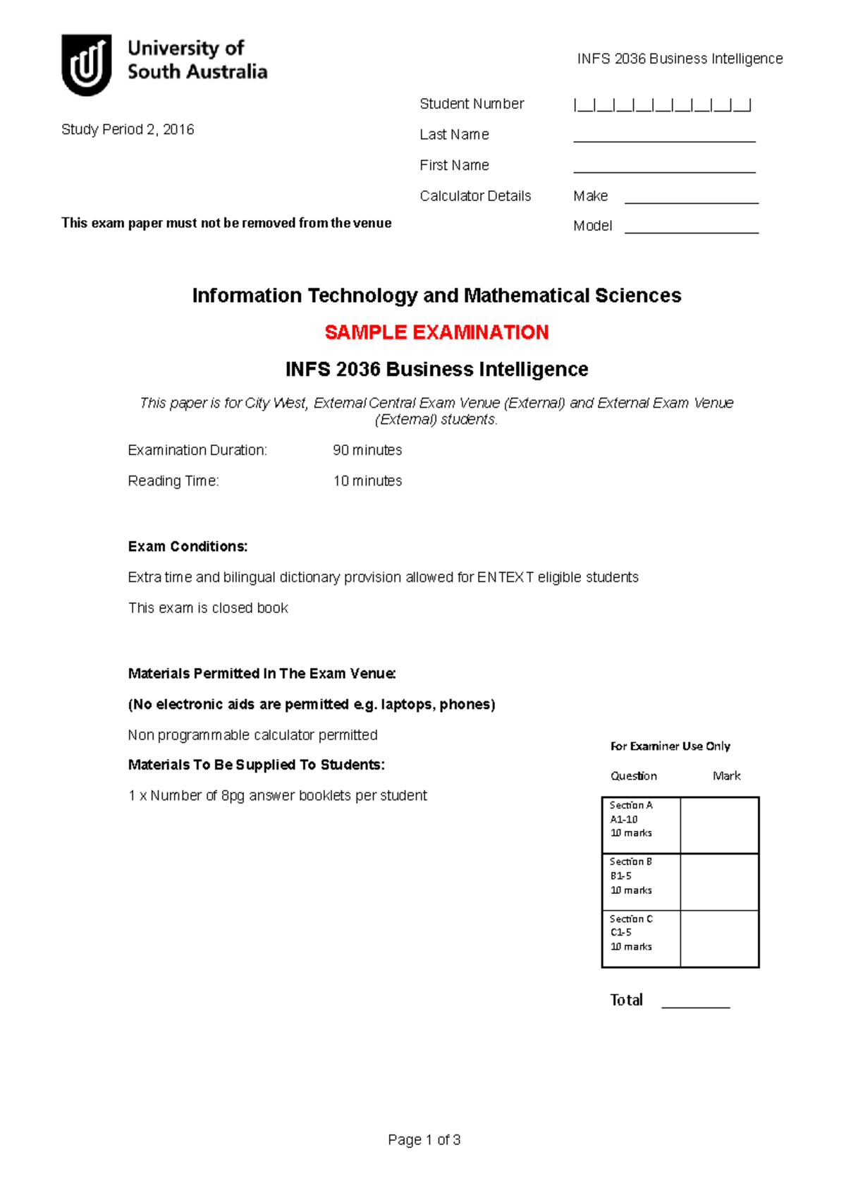 Sample/practice Exam 2016, Answers - Business Intelligence -infs 2036 ...