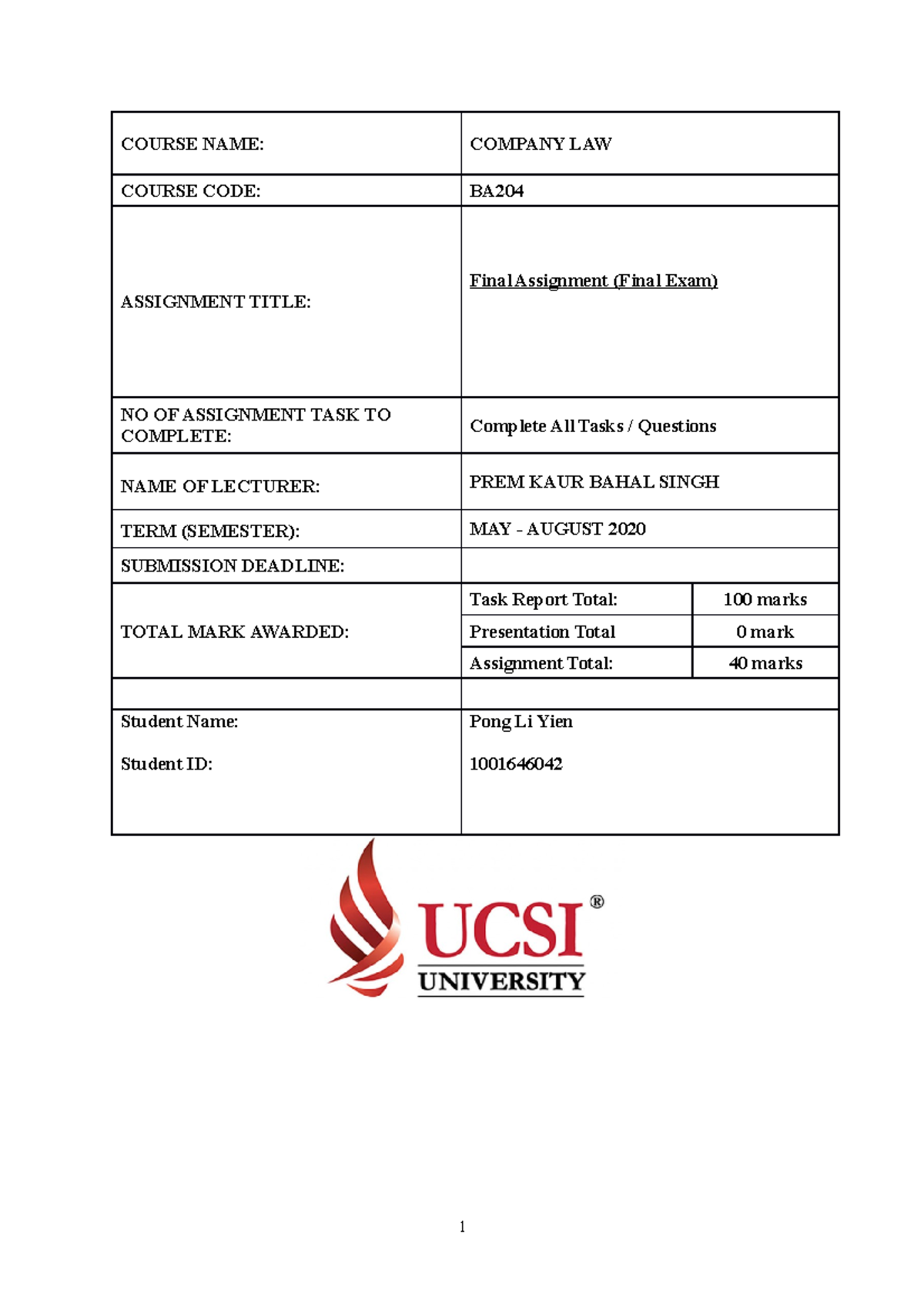 BA204 Final Assignment - COURSE NAME: COMPANY LAW COURSE CODE: BA ...