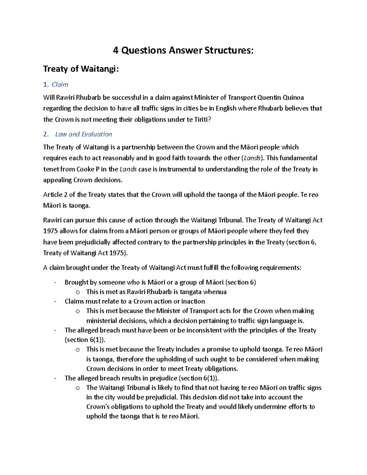 LAWS213 - Cheat Sheet notes - 4 Questions Answer Structures: Treaty of ...