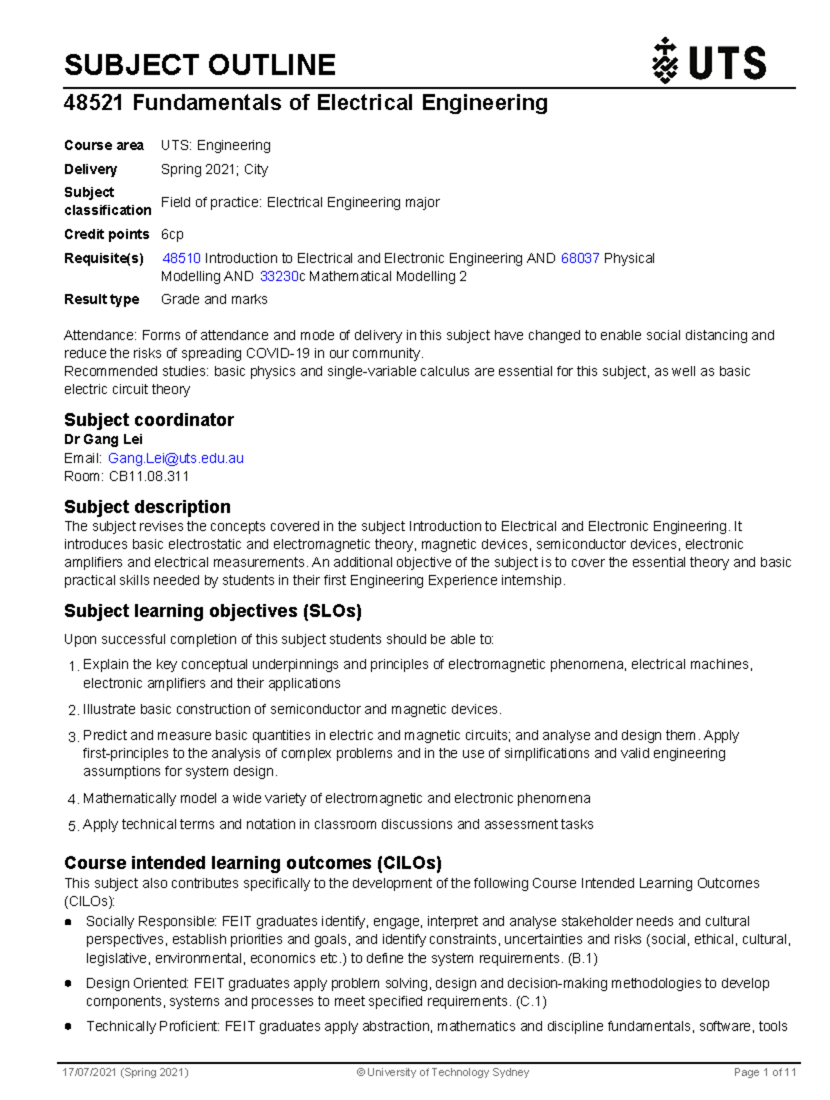 FOEE Subject Outline - SUBJECT OUTLINE 48521 Fundamentals of Electrical ...