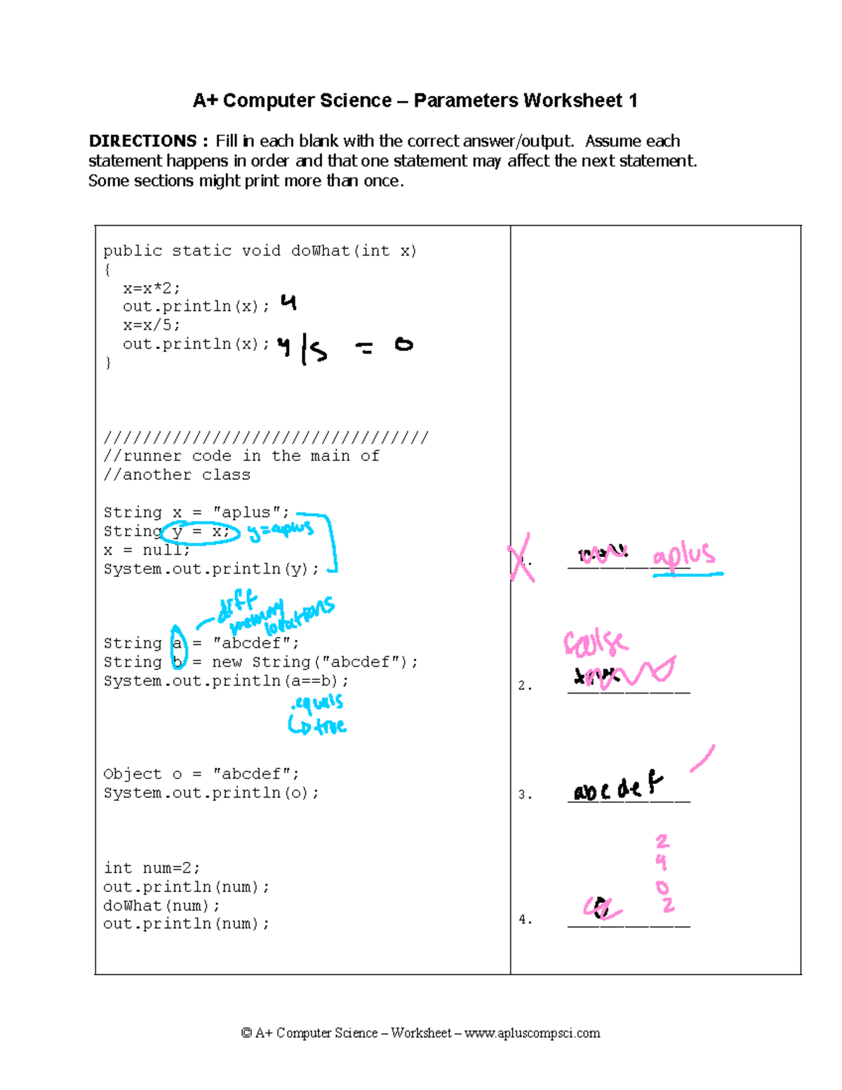 Parameters worksheet 1 java aplus - DIRECTIONS : Fill in each blank ...