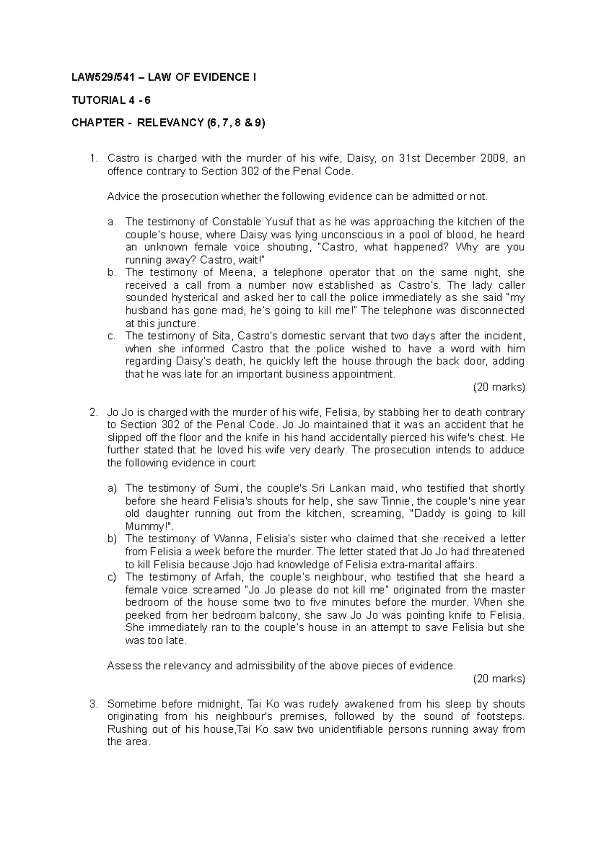 LAW529 - Tutorial 4 - 6 - tuto question - LAW529/541 – LAW OF EVIDENCE ...