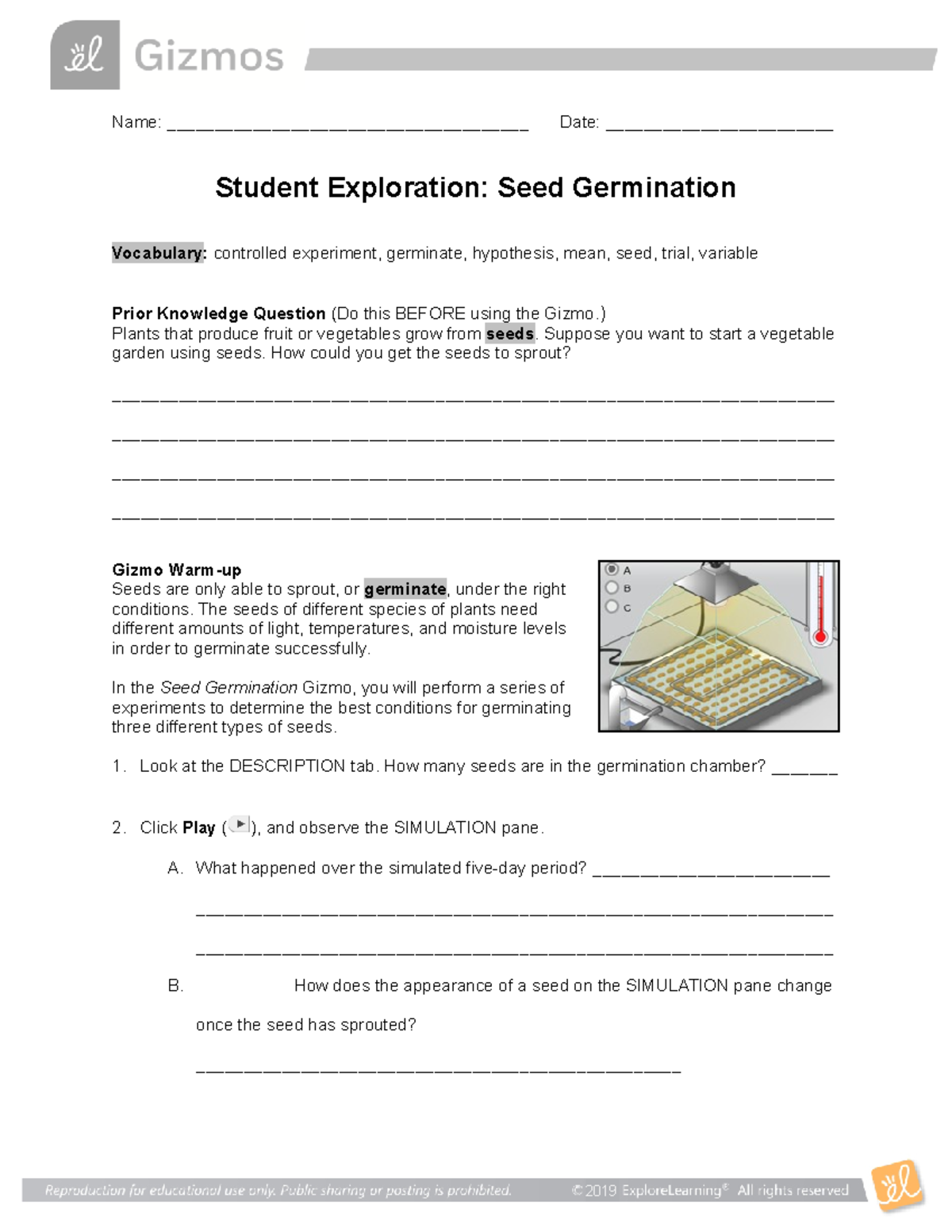 Seed Germination Gizmo Worksheet Name