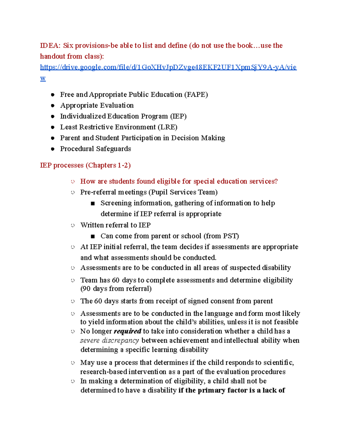Exceptionality Midterm Study Guide IDEA Six provisionsbe able to