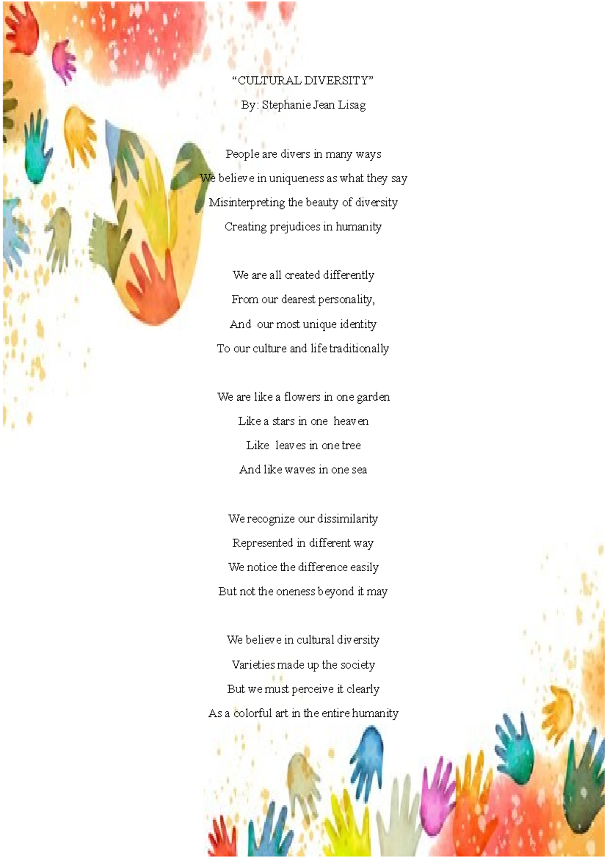 POEM About Cultural Diversity - “CULTURAL DIVERSITY” By: Stephanie Jean ...