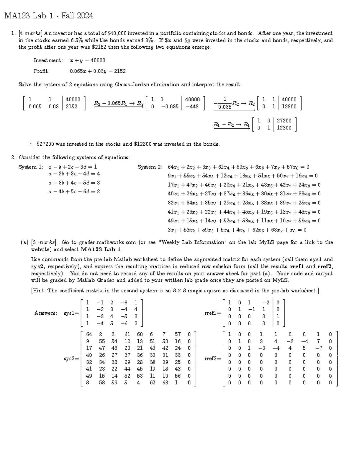 MA123 F24 Lab1 Solns MA123 Lab 1 Fall 2024 [4 marks] An investor