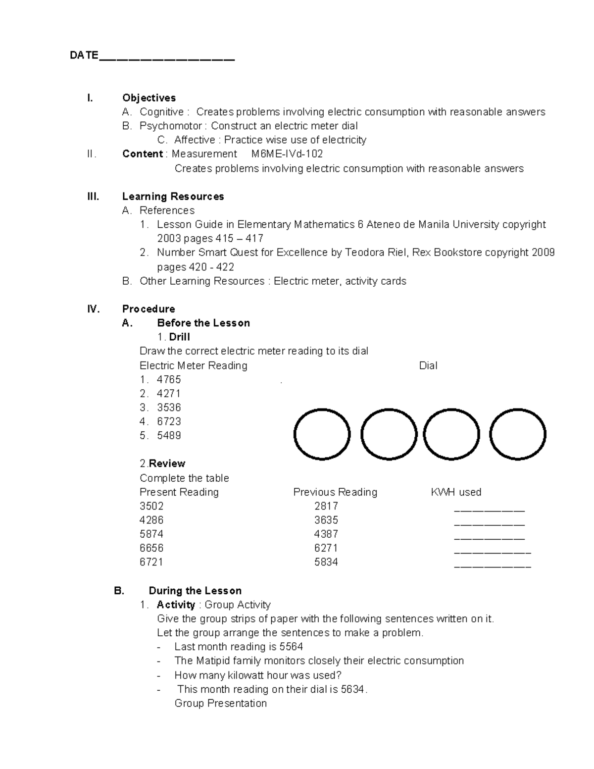 4th Qtr LC 77a Math - DATE_______________________ I. Objectives A ...
