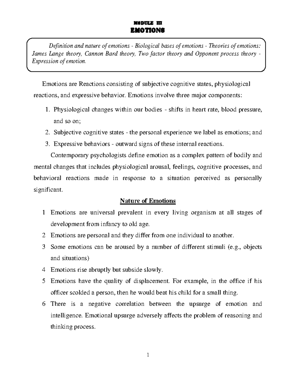 03 Emotions - lecture notes - MODULE III EMOTIONS