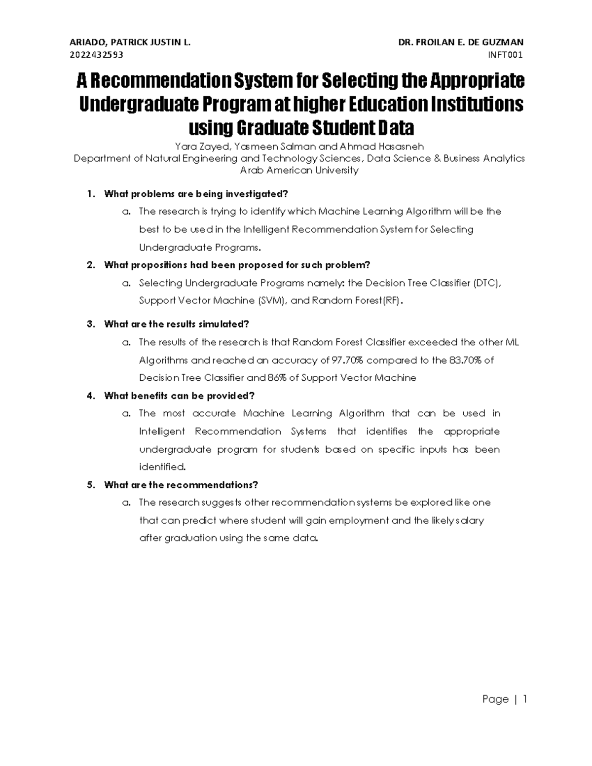 Research Critic - Output for an Assignment - 2022432593 INFT Page | 1 A ...