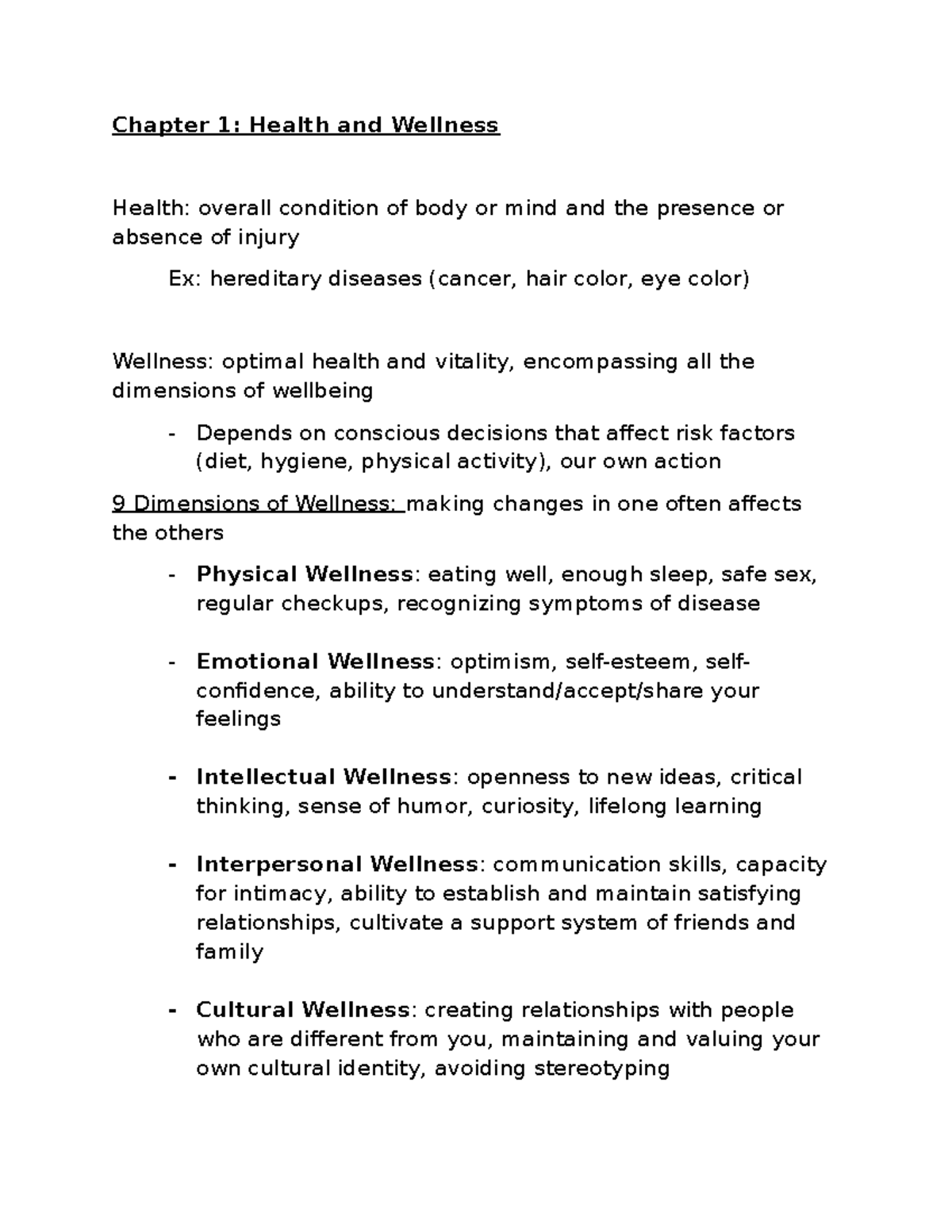 Human Health and Diseases Notes - Chapter 1: Health and Wellness Health ...