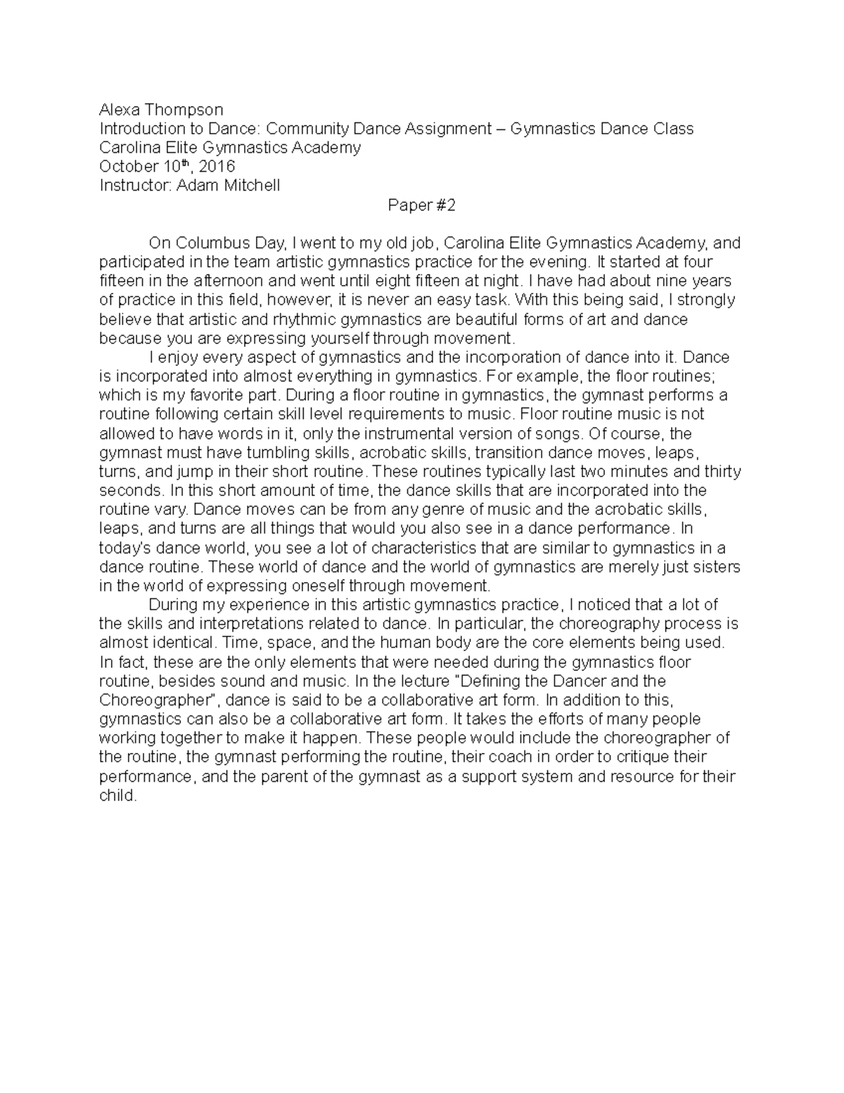 Community Dance Class Paper - Alexa Thompson Introduction to Dance ...