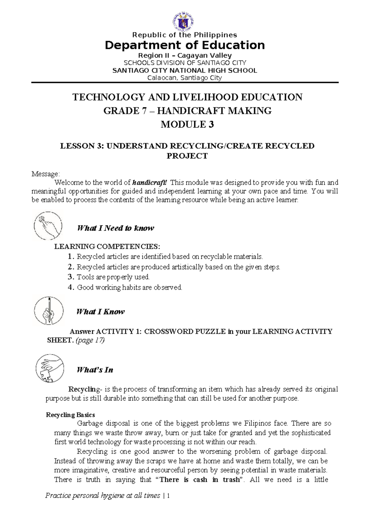 TLE7 Handicraft Module 3 school based7 - Practice personal hygiene at ...