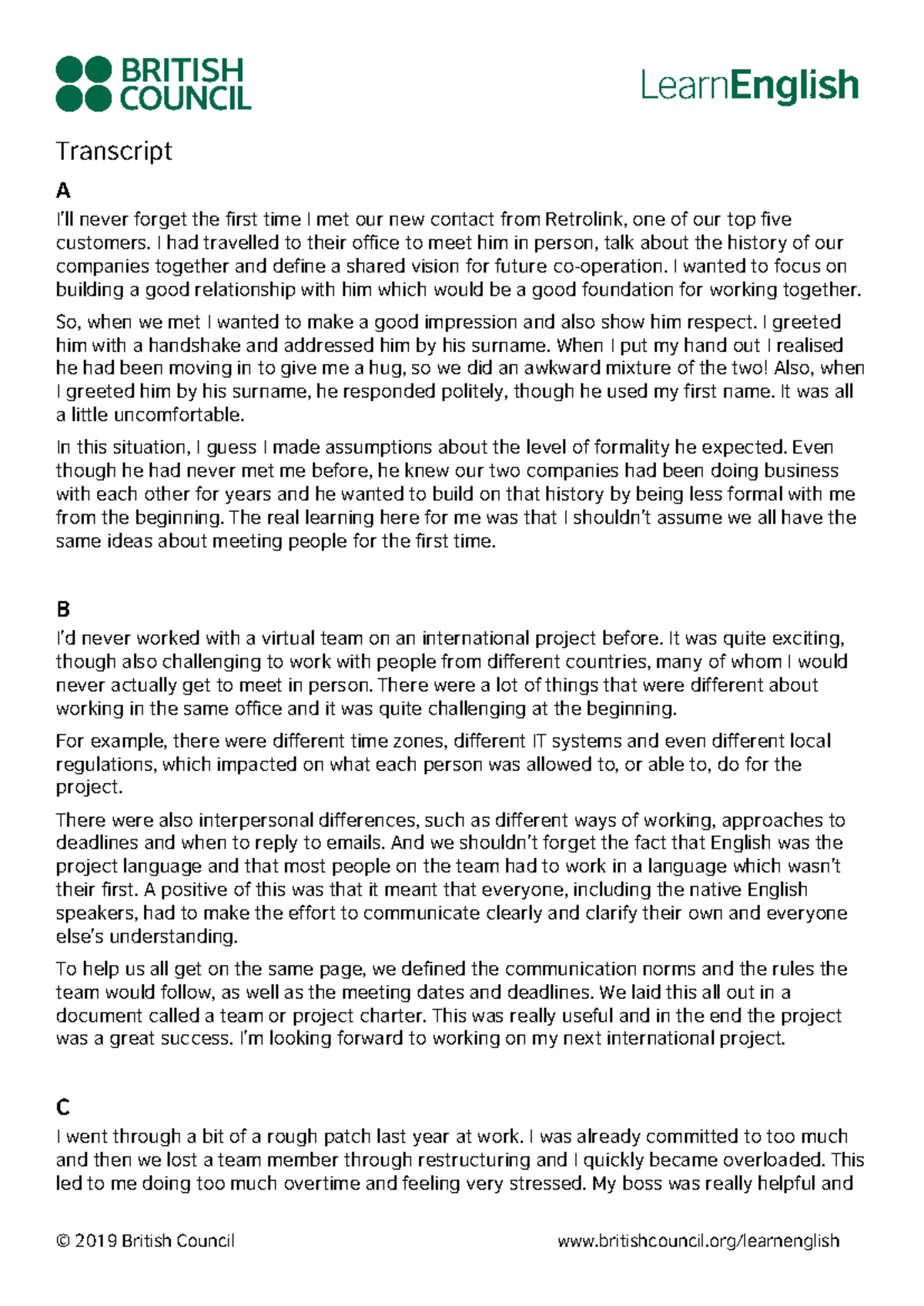 Transcript Challenges at work - © 2019 British Council britishcouncil ...