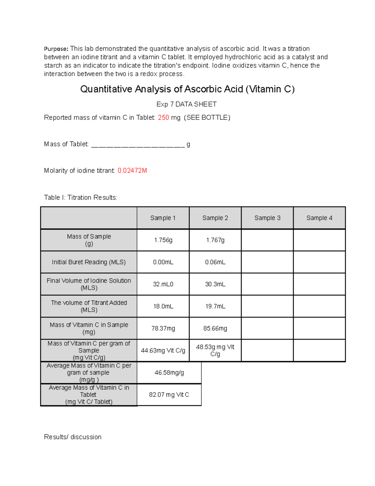 Lab report 7 - Purpose: This lab demonstrated the quantitative analysis ...