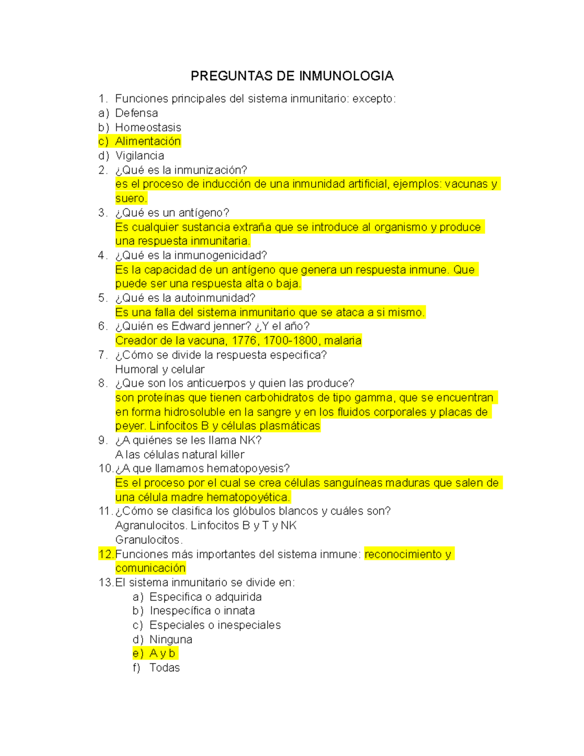 Preguntas De Inmunologia Preguntas De Inmunologia Funciones