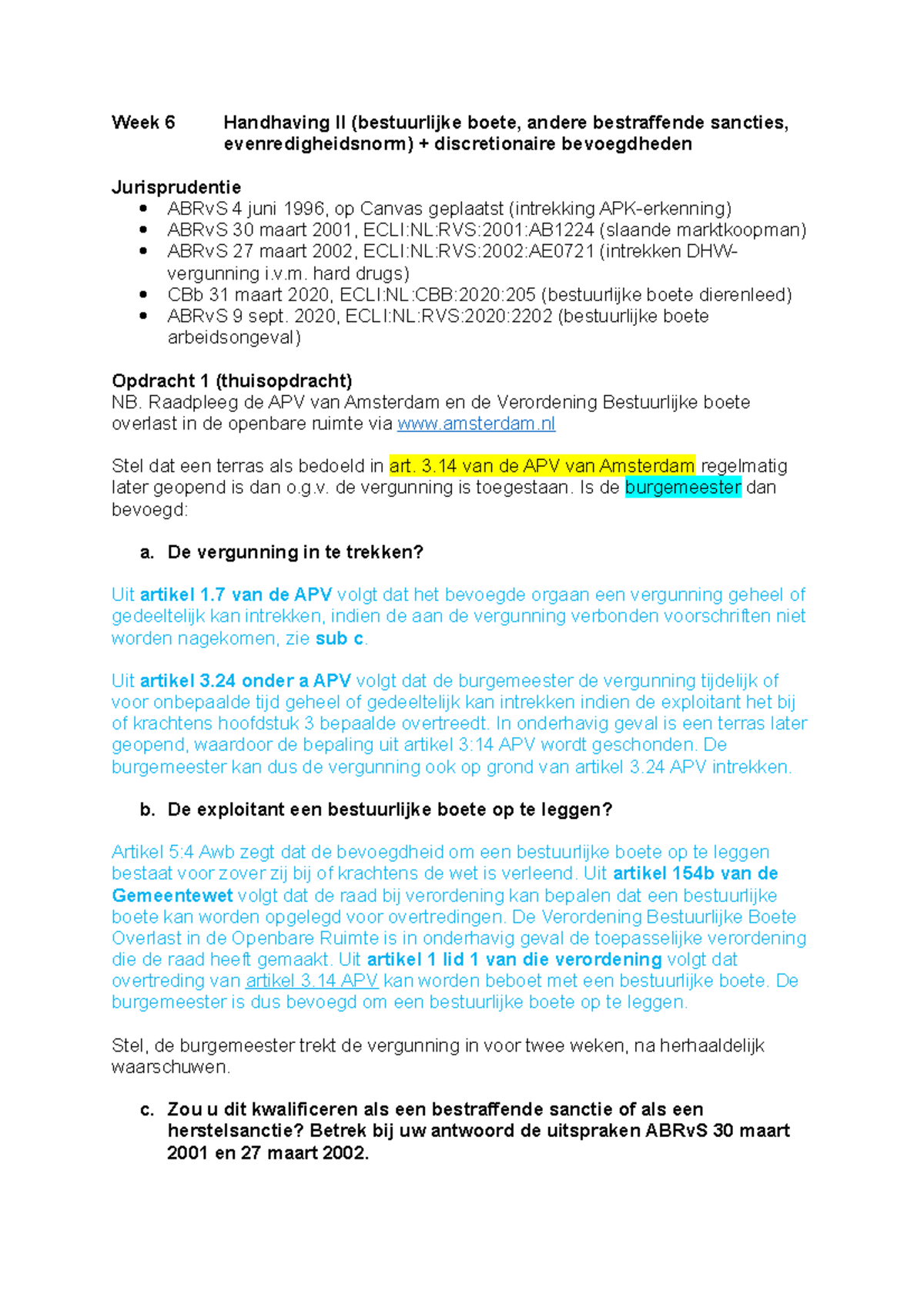 Bestuursrecht Werkgroep Week 6 - Week 6 Handhaving II (bestuurlijke ...