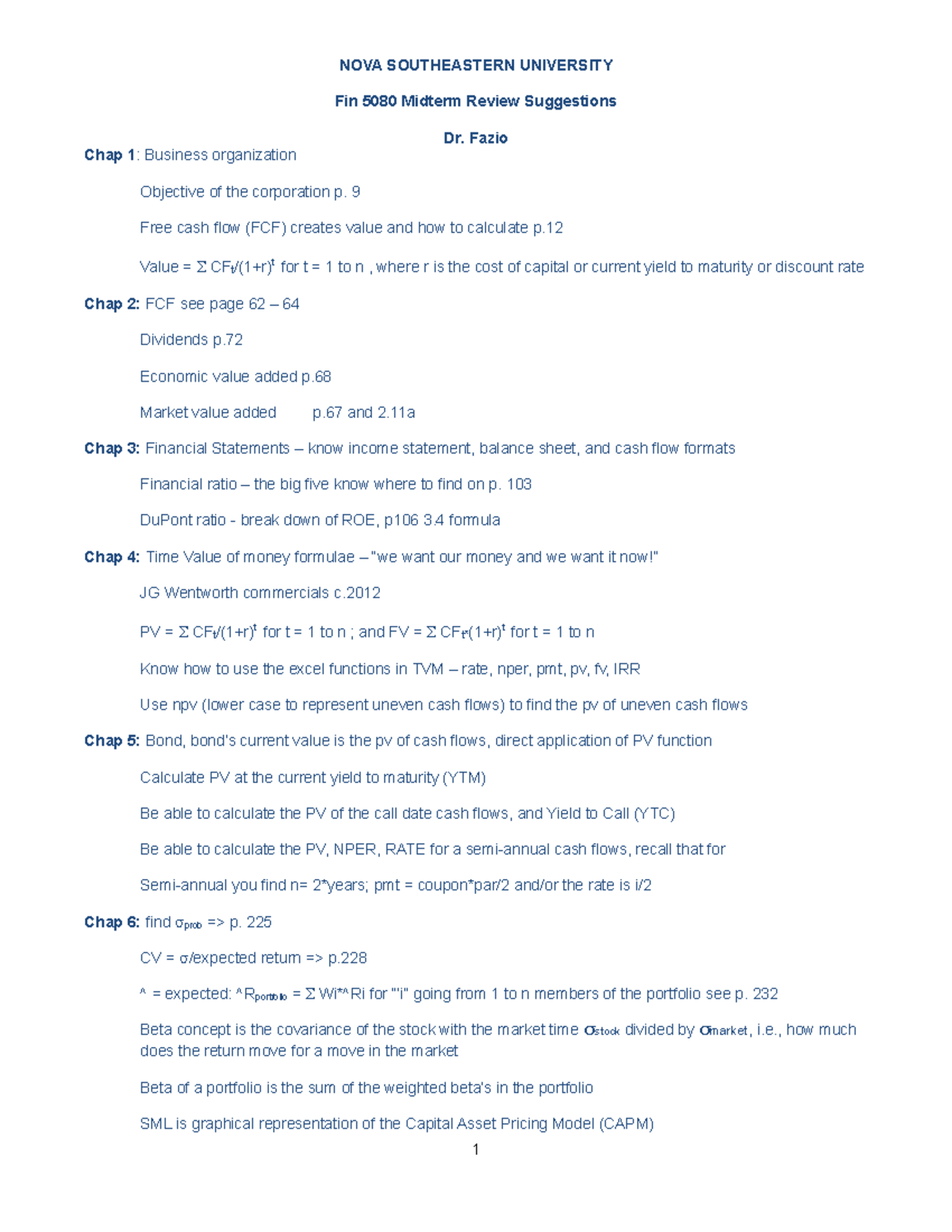 Fin 5080 midterm review NSU NOVA SOUTHEASTERN UNIVERSITY Fin 5080