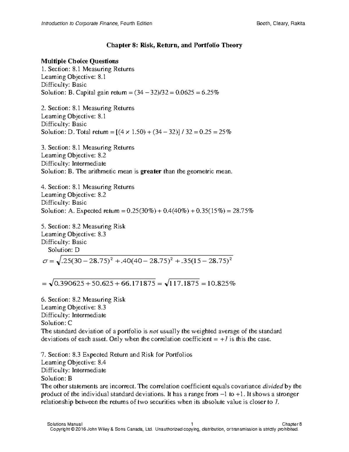 Chapter 8 Solutions 4th Edition 2016 - Solutions Manual 1 Chapter 8 ...