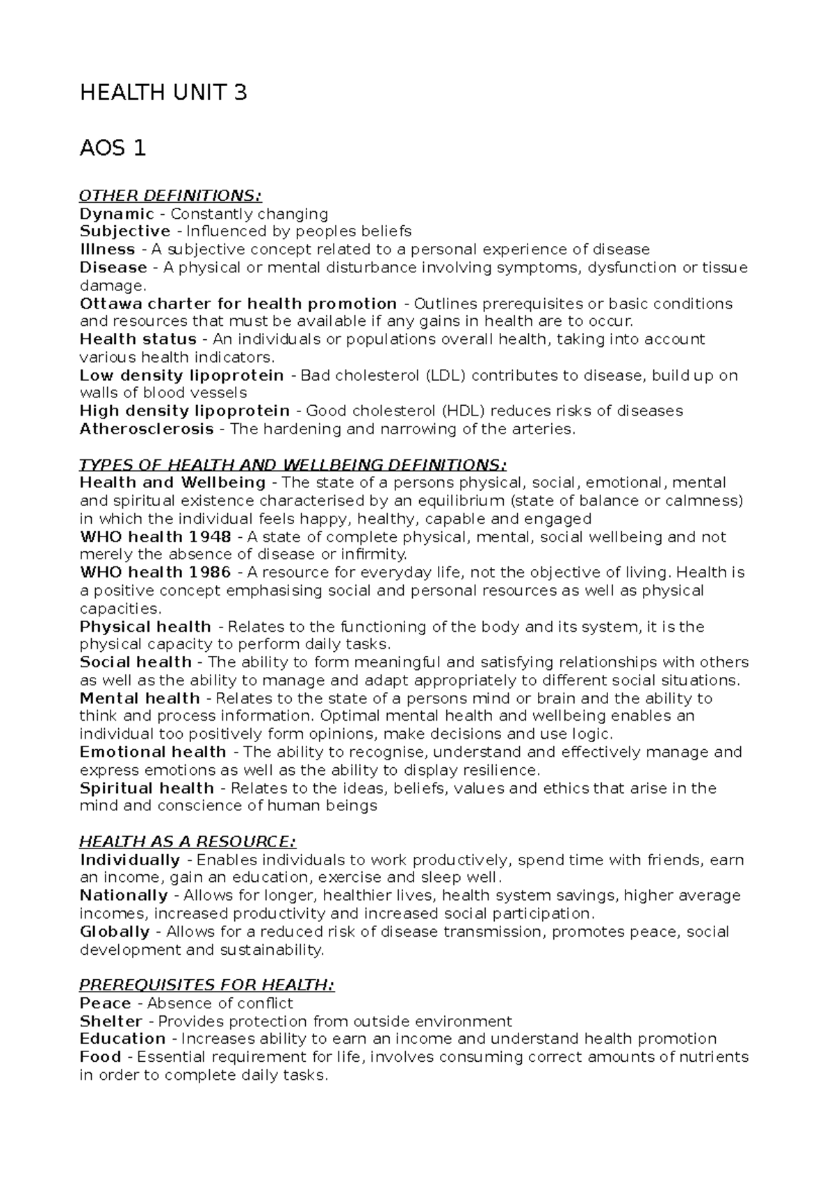 Health 3 4 Notes HEALTH UNIT 3 AOS 1 OTHER DEFINITIONS Dynamic
