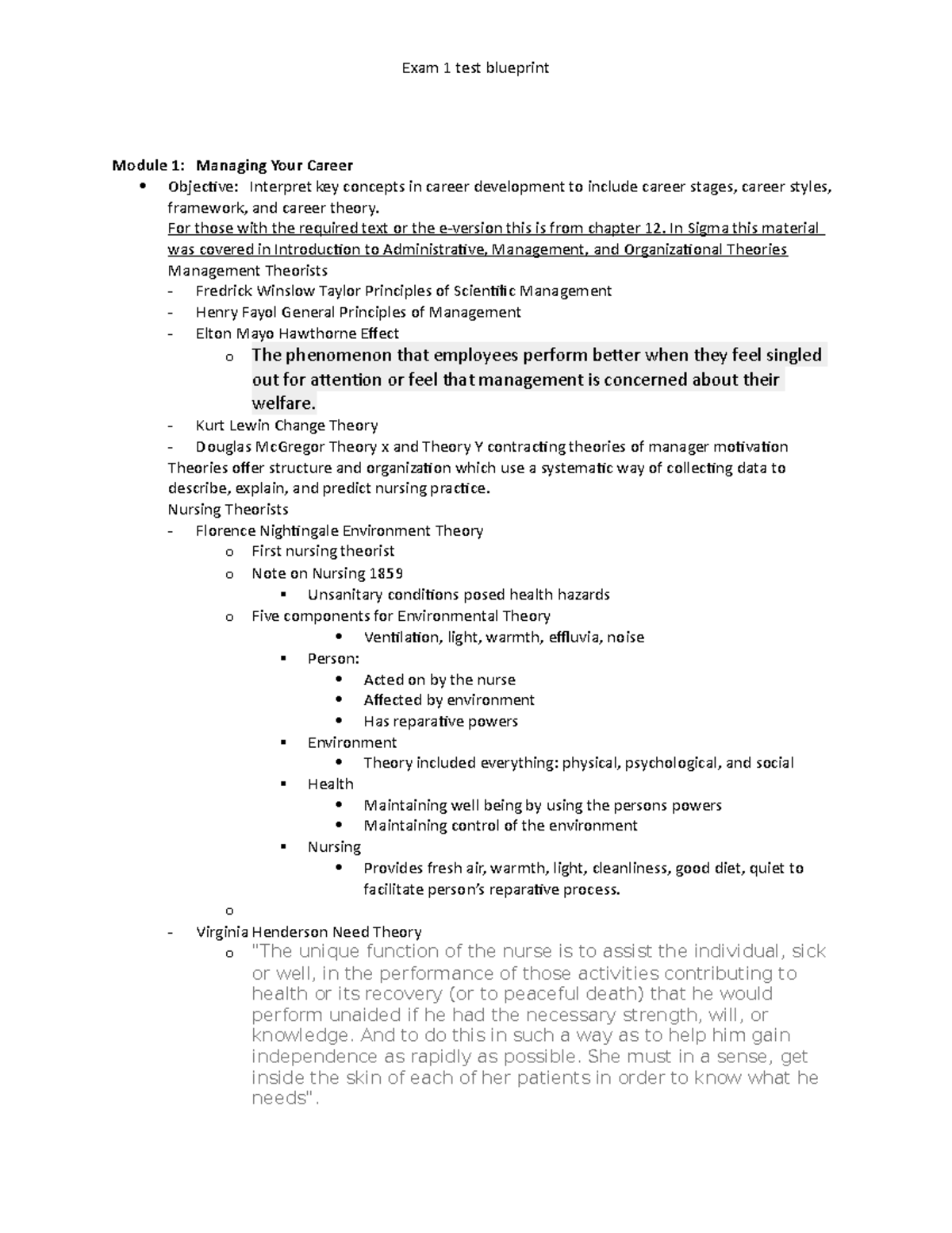 Exam 1 Review Outline - Module 1: Managing Your Career Objective ...