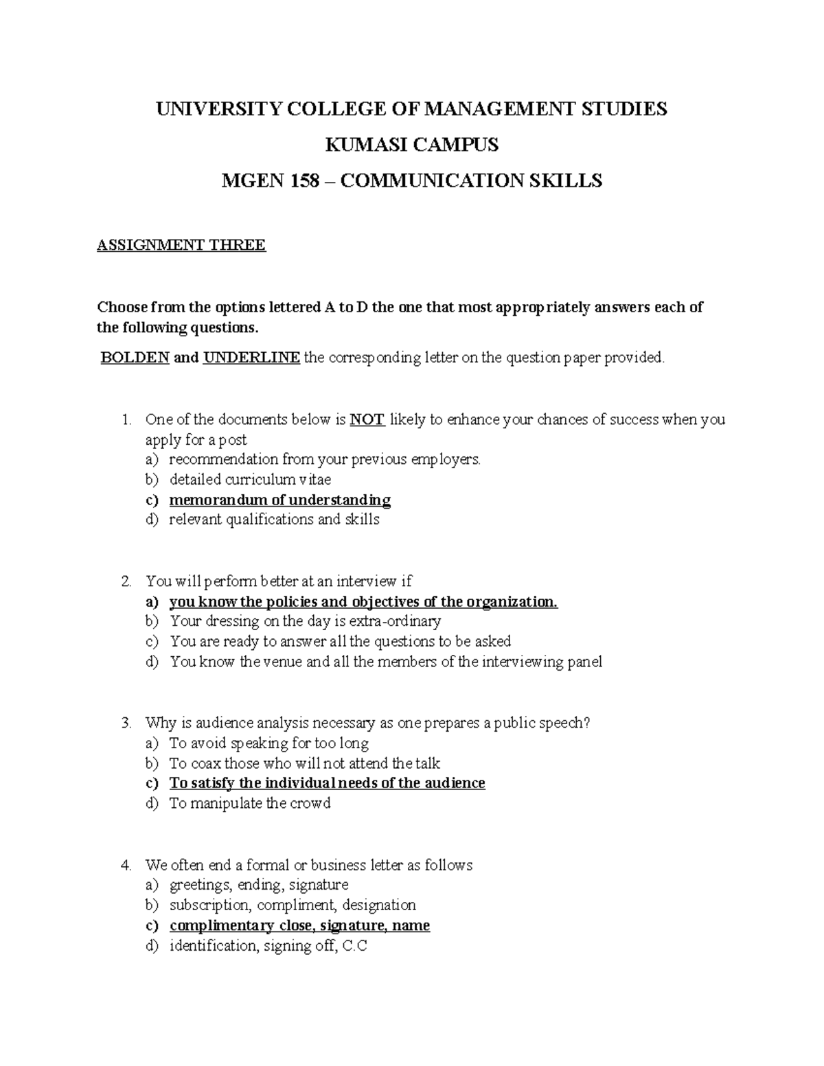 Ucoms - COMM Skills Assignment 3 - UNIVERSITY COLLEGE OF MANAGEMENT ...