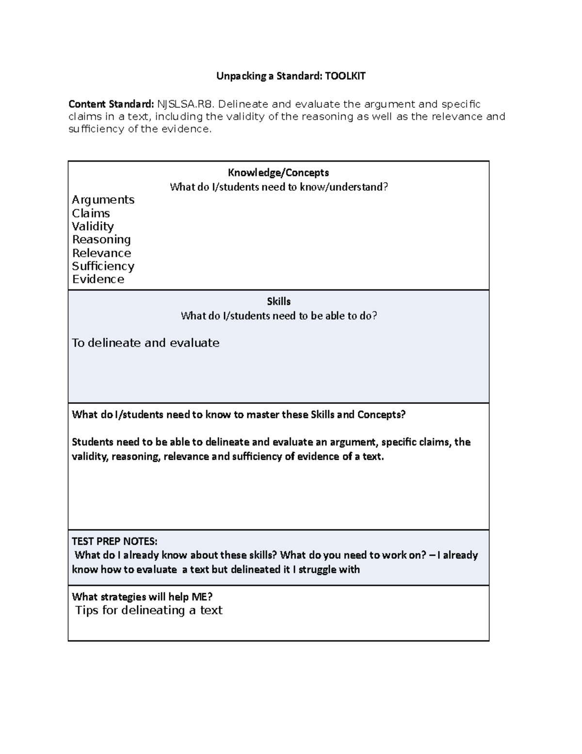 Toolkit Q Unpacking a Standard TOOLKIT Content Standard NJSLSA