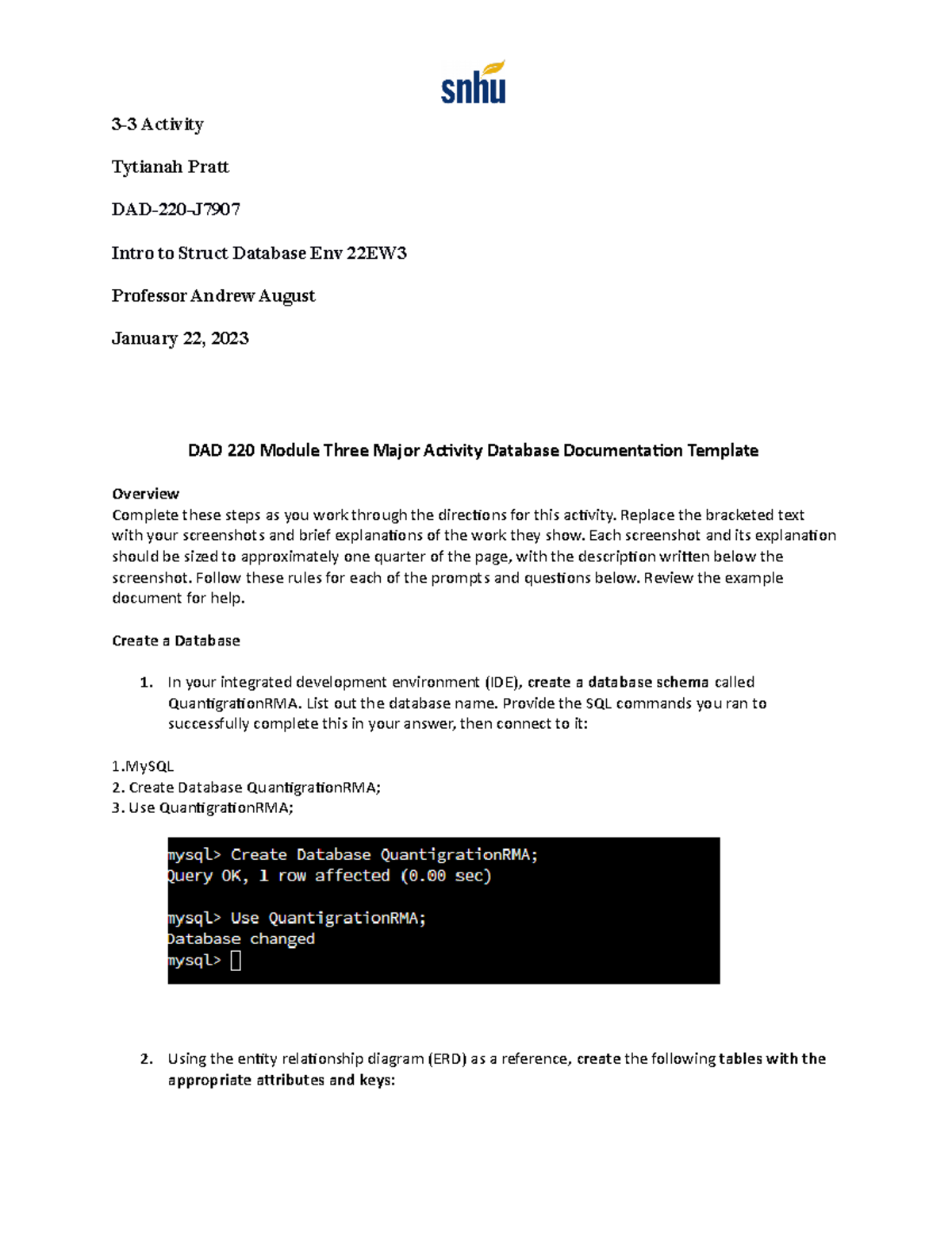 DAD 220 Module Three Major Activity Database Documentation - Replace ...