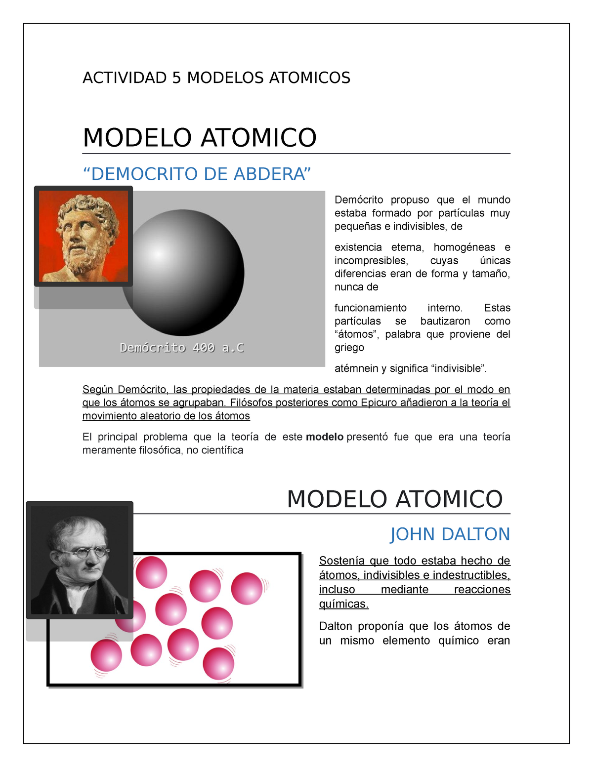 Actividad 5 Modelos Atomicos - ACTIVIDAD 5 MODELOS ATOMICOS MODELO ATOMICO “DEMOCRITO  DE ABDERA” - Studocu