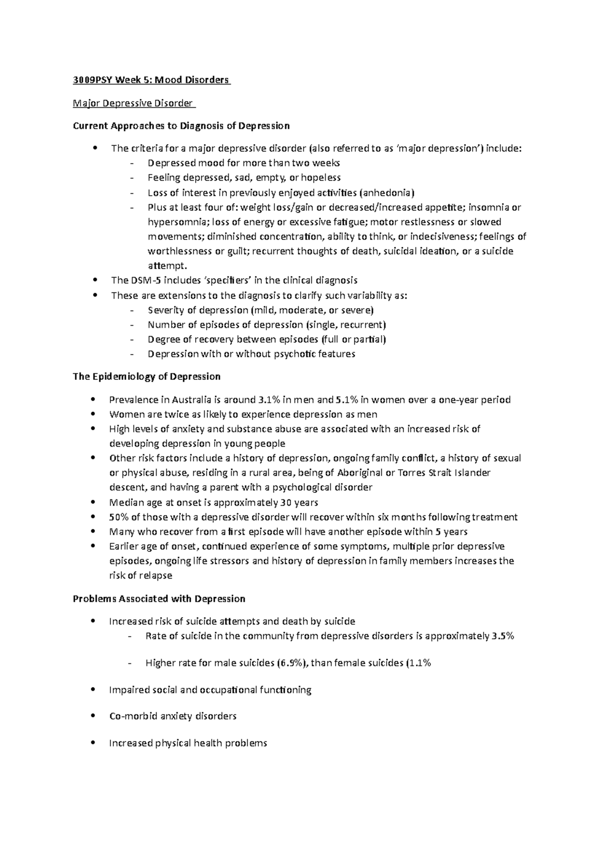3009PSY exam prep - Final Exam Prep - 3009PSY Week 5: Mood Disorders ...