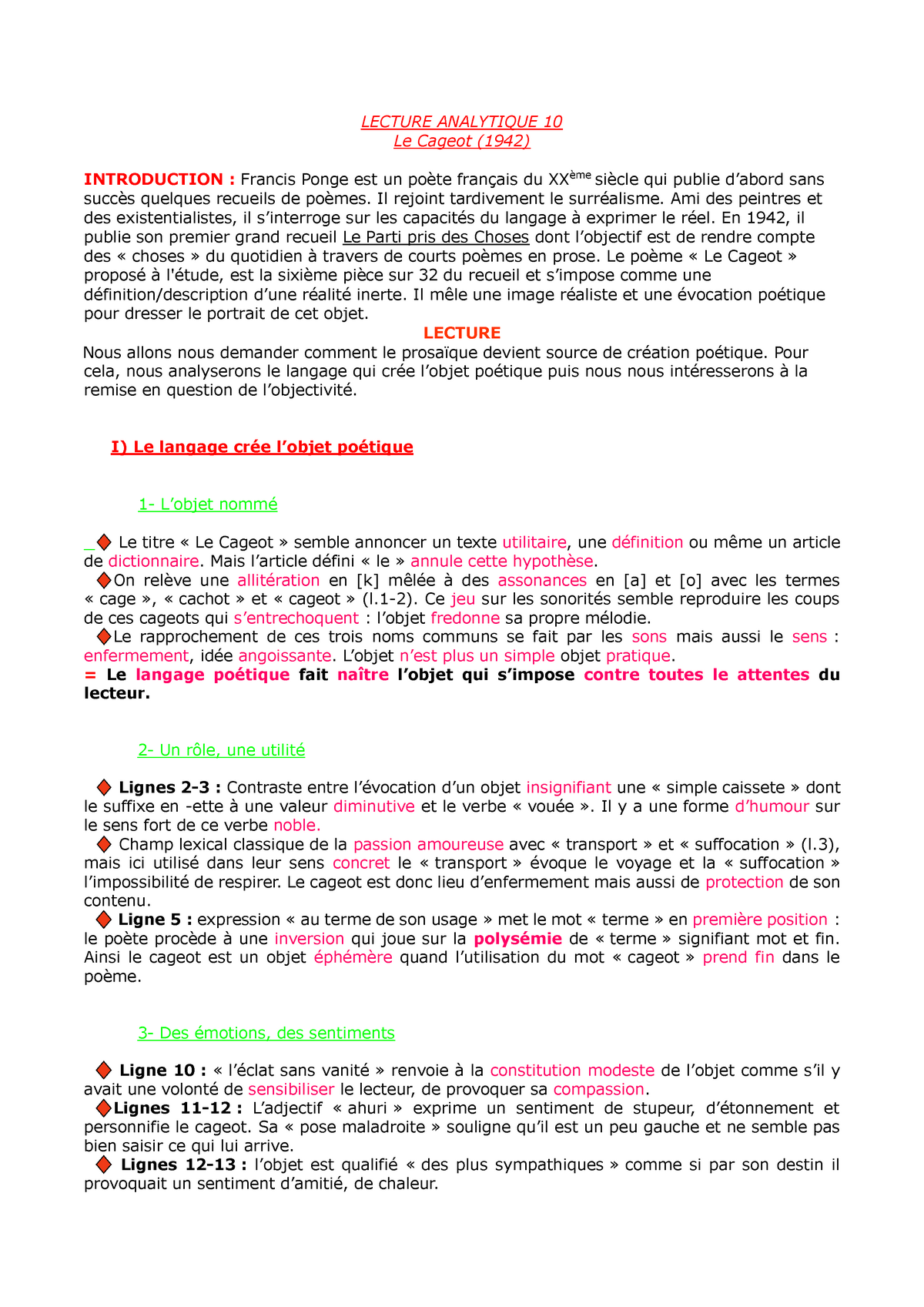 Le Parti Pris Des Choses Fiche De Lecture Lecture Analytique 10 Le Cageot (1942) - LECTURE ANALYTIQUE 10 Le Cageot  (1942) INTRODUCTION : - Studocu