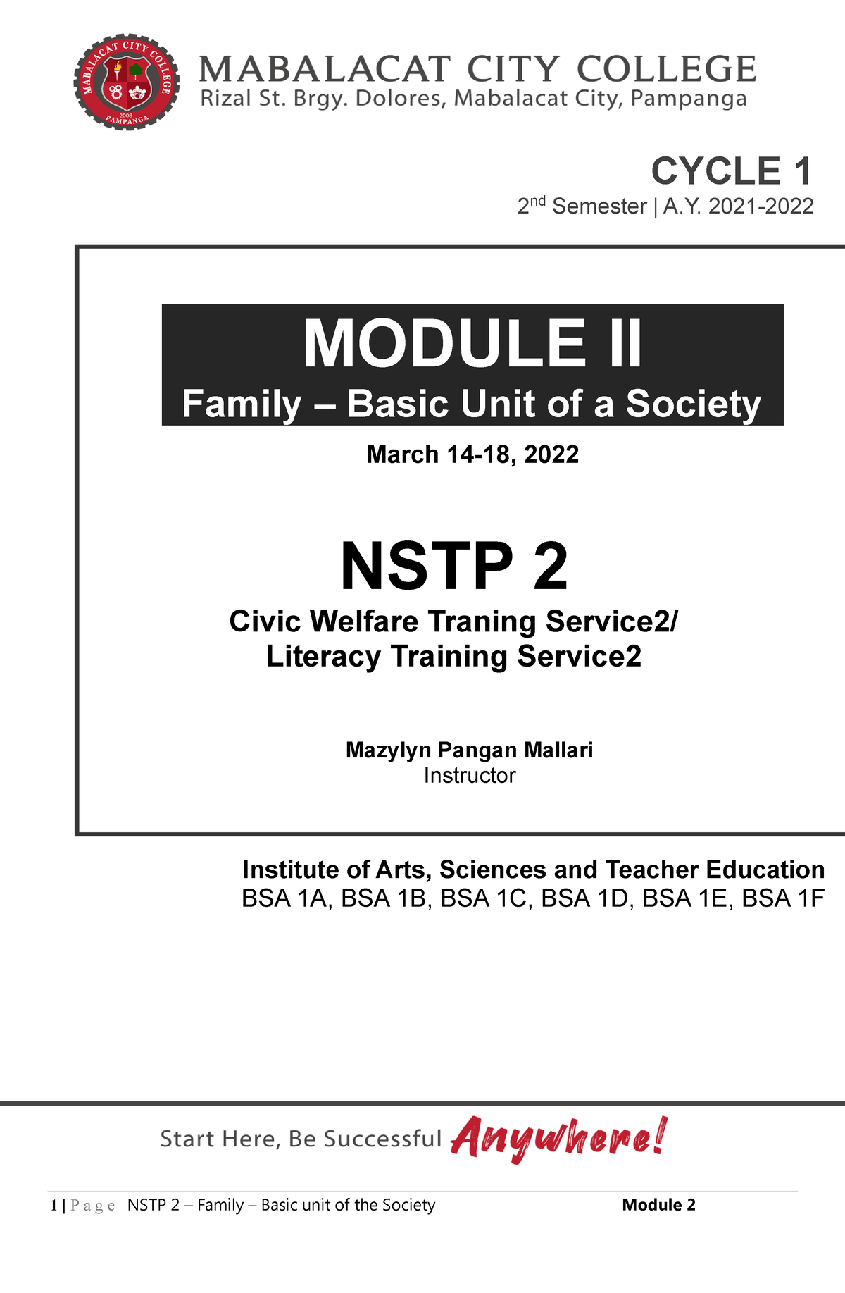 NSTP 2- Module-2 Civil Service Training Program - CYCLE 1 2nd Semester ...