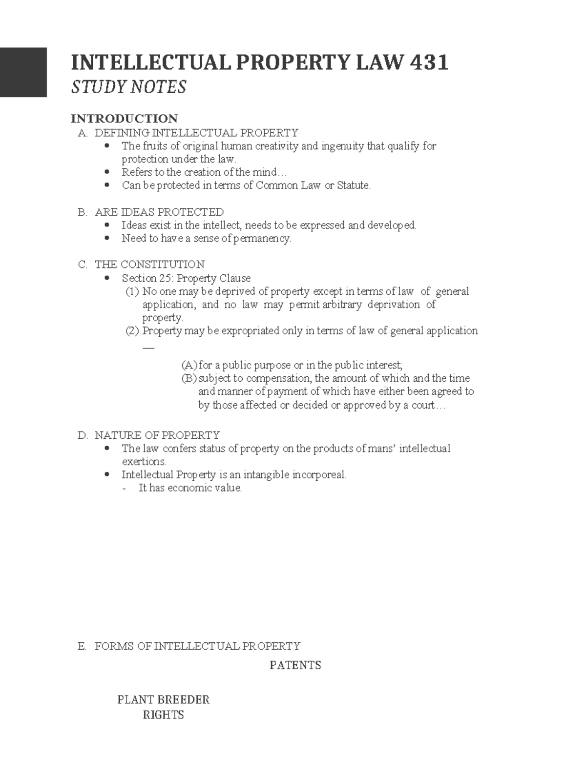 Intellectual Property Law Study Notes Intellectual Property Law 431 Intellectual Property Law Study Notes Intellectual Property Law 431