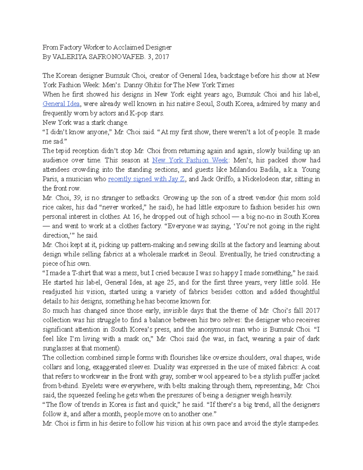 Korean Designer Newspaper article Assignment From Factory Worker to Acclaimed Designer By