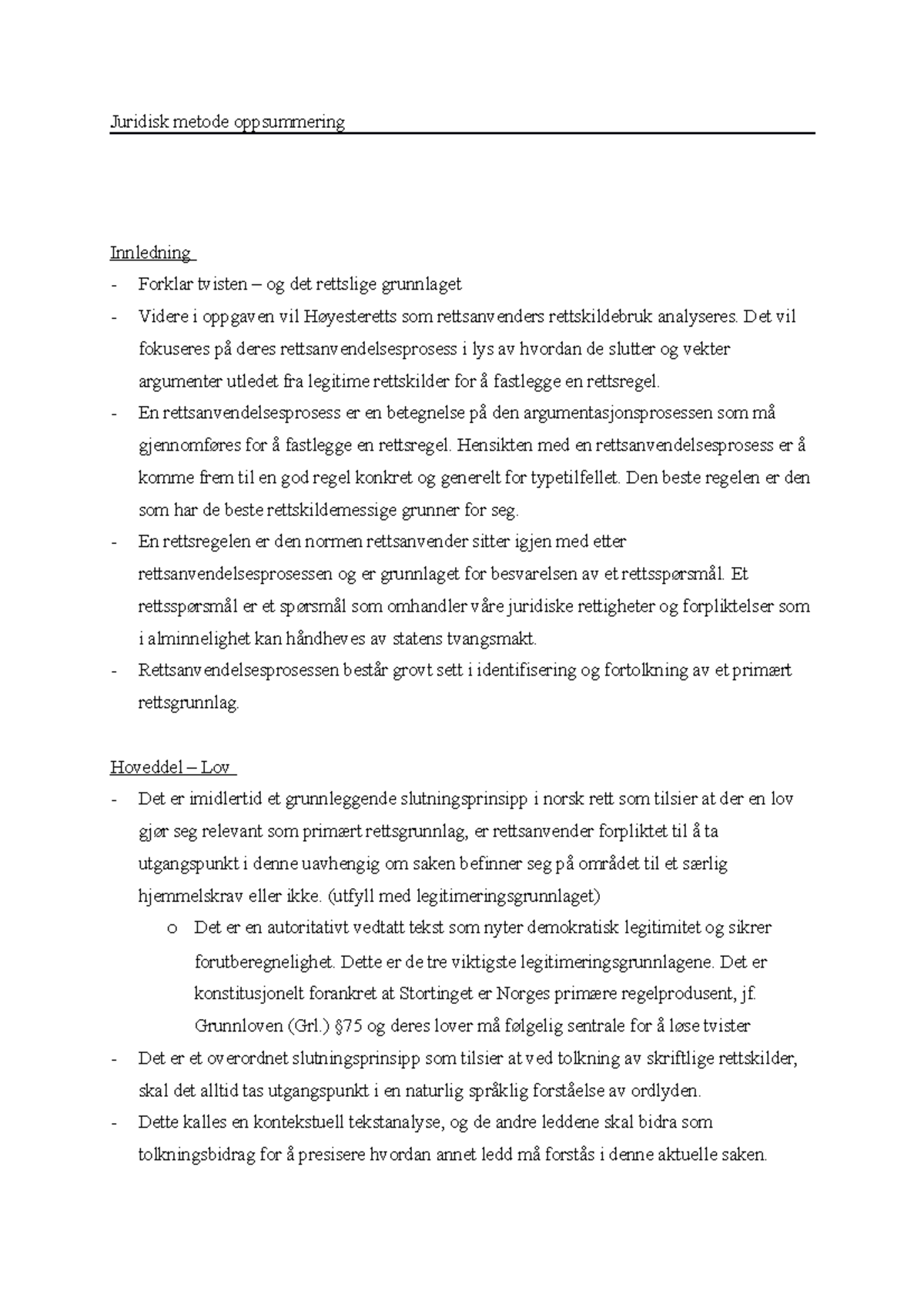 Juridisk Metode Oppsummering - Juridisk Metode Oppsummering Innledning ...