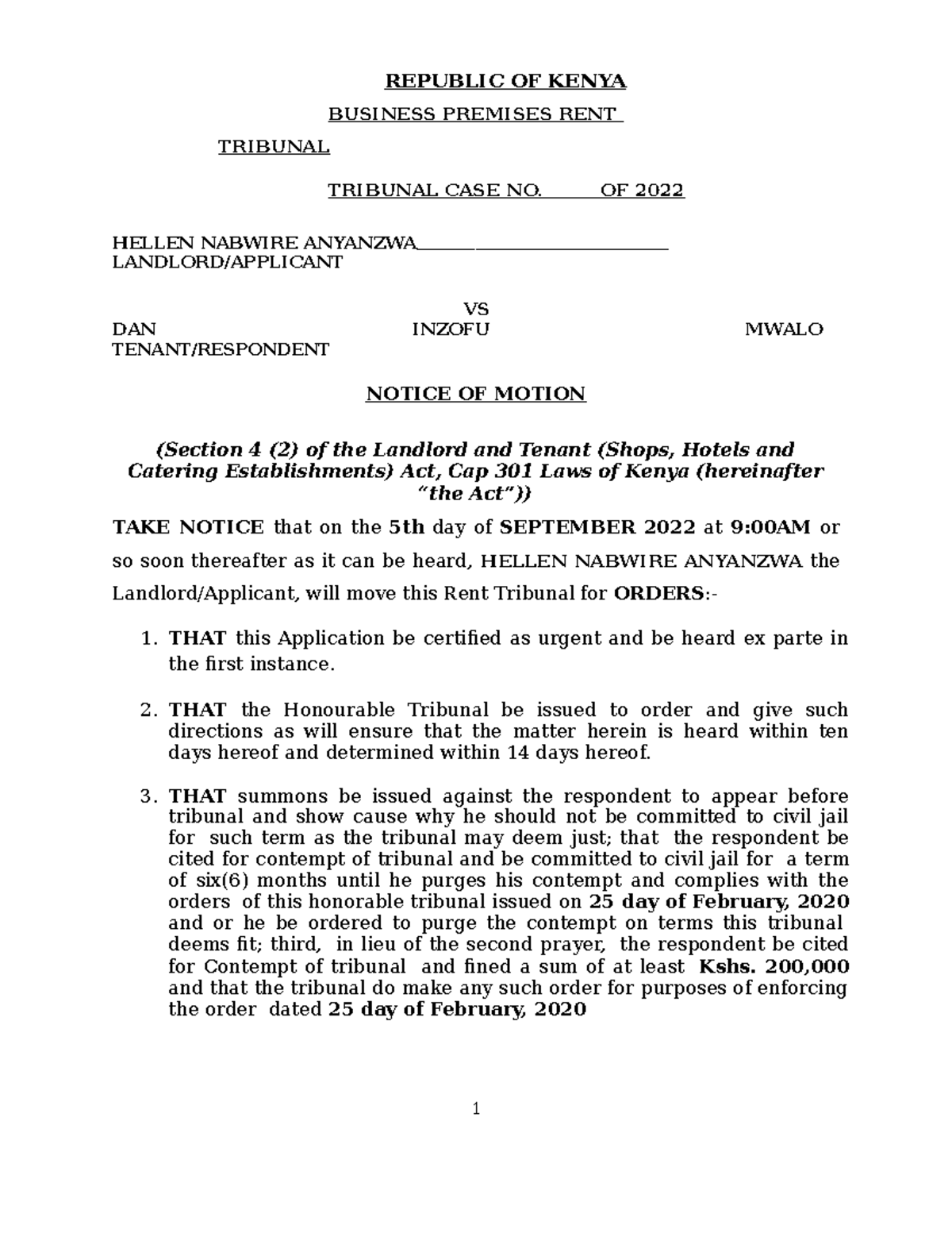 Hellen Anyanzwa NoticeofMotion REPUBLIC OF KENYA BUSINESS PREMISES