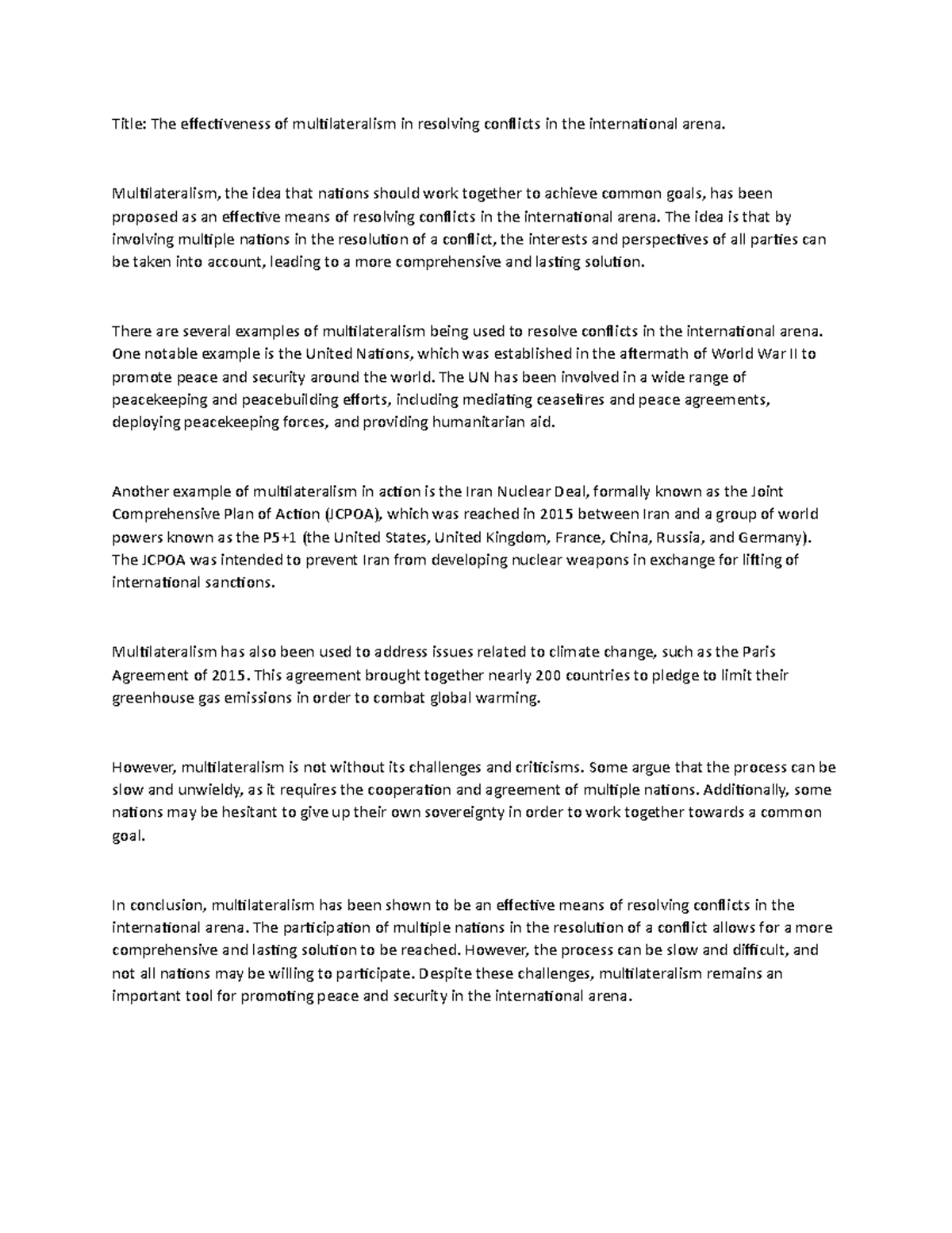 The effectiveness of multilateralism in resolving conflicts in the ...