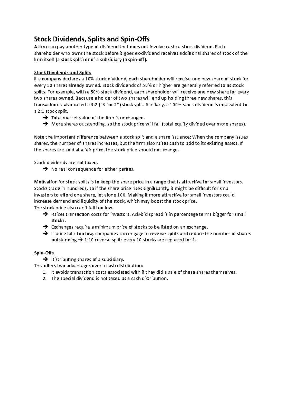 Stock Dividends, Splits and SpinOffs Each shareholder who owns the