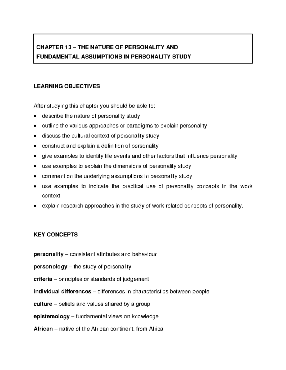 Chapter 13 Key Concepts - CHAPTER 13 – THE NATURE OF PERSONALITY AND ...