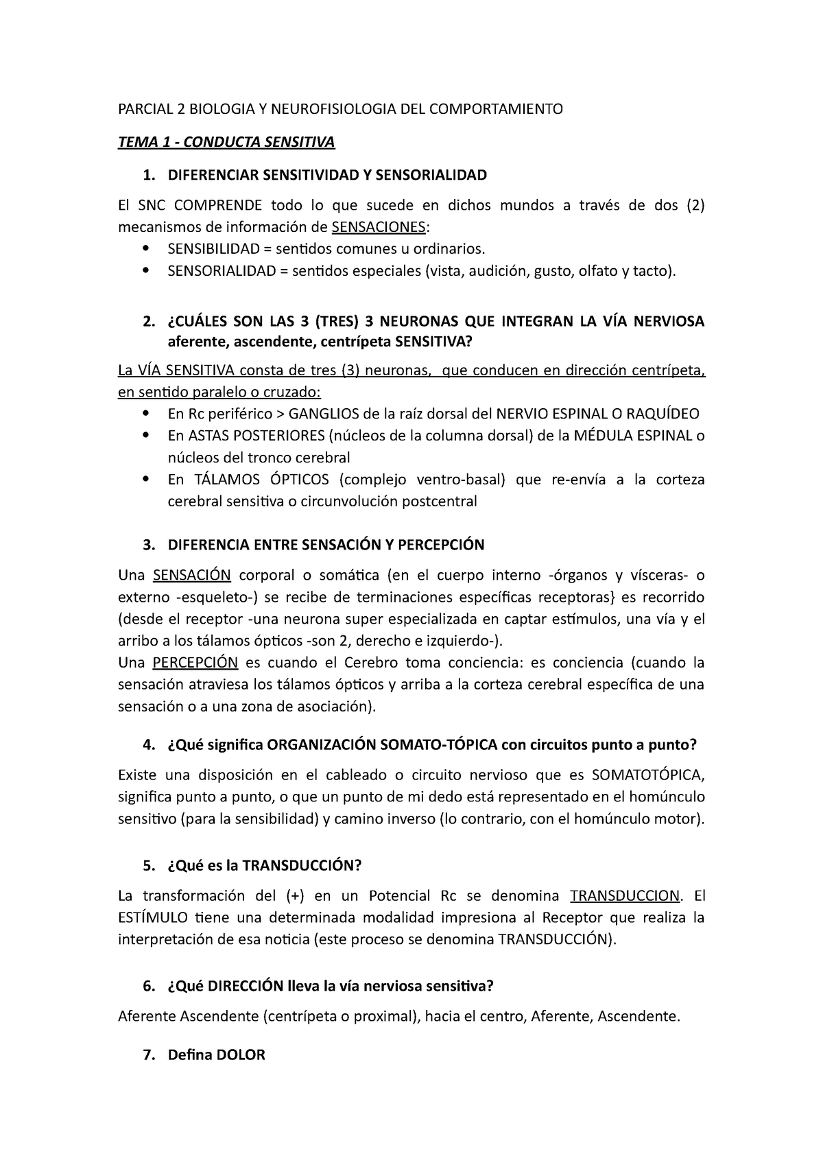 Parcial Neuro - PARCIAL 2 BIOLOGIA Y NEUROFISIOLOGIA DEL COMPORTAMIENTO ...