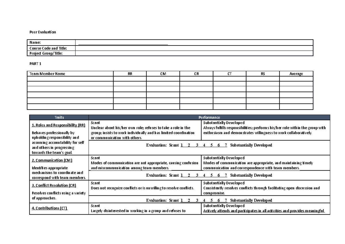 Peer Evaluation Form - Peer Evaluaion Name: Course Code and Title ...