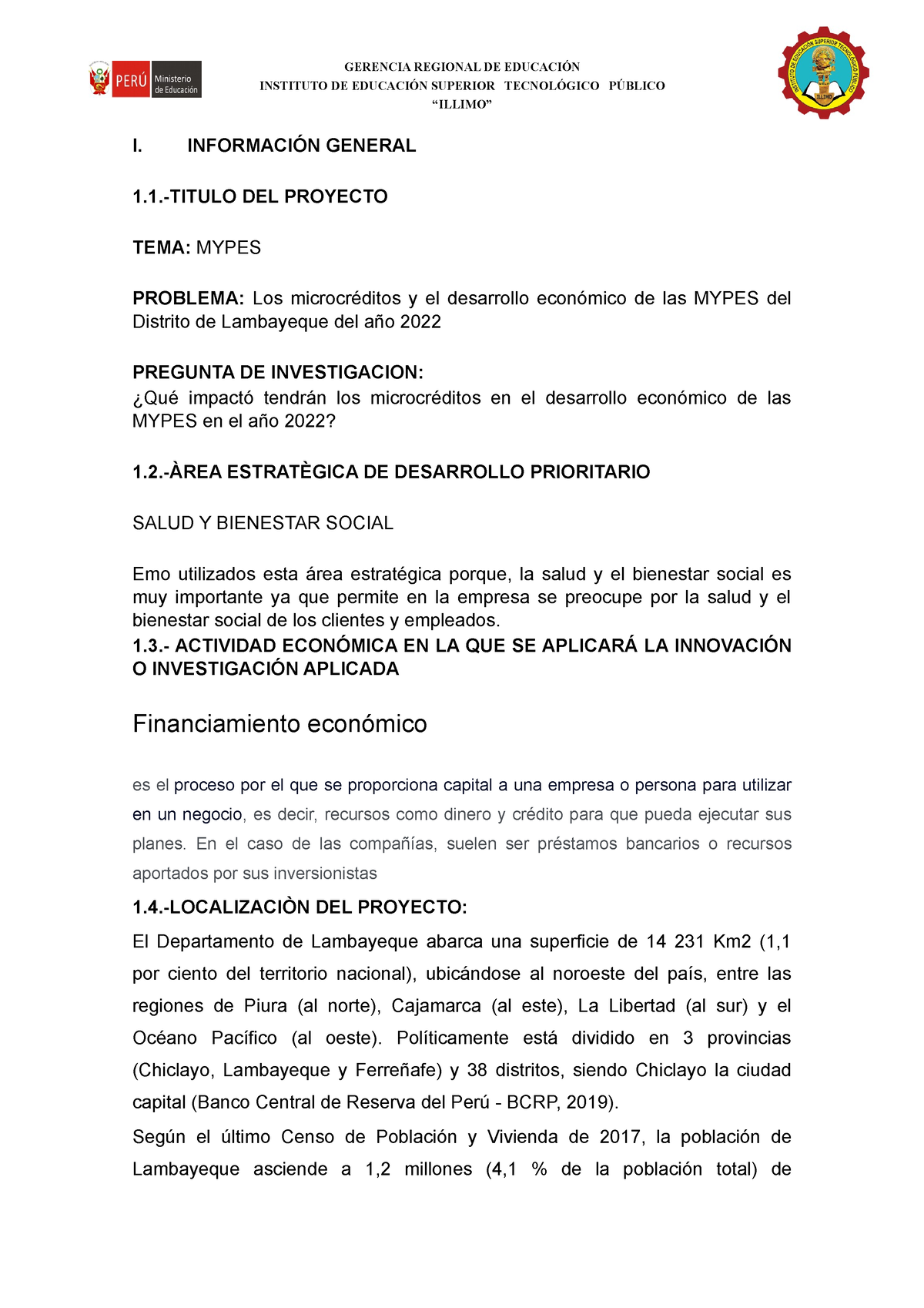 Mypes Proyecto De Investigacion 2 Instituto De EducaciÓn Superior TecnolÓgico PÚblico “illimo 7076