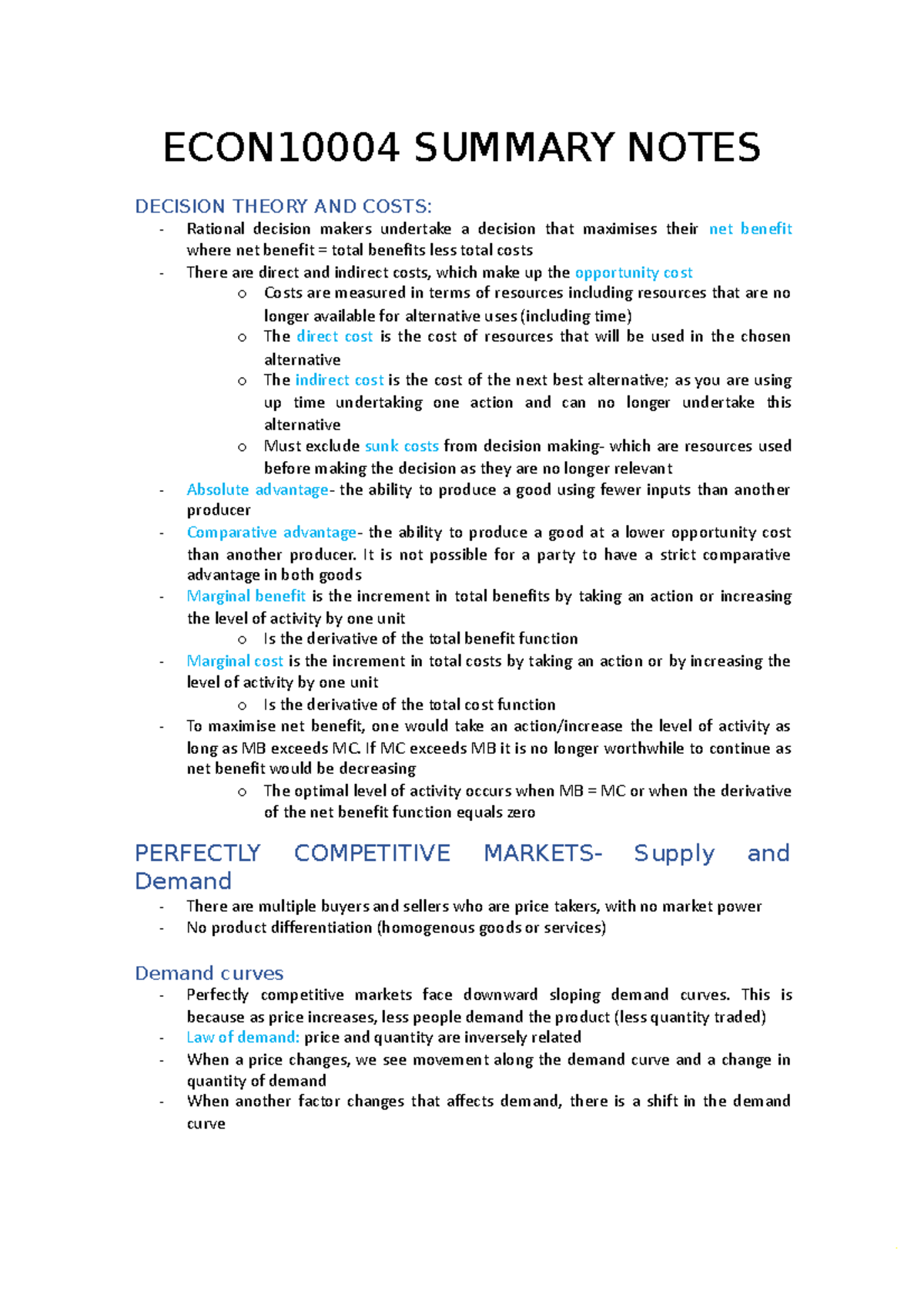 H1-econ10004-summary-notes Compress - ECON10004 SUMMARY NOTES DECISION ...