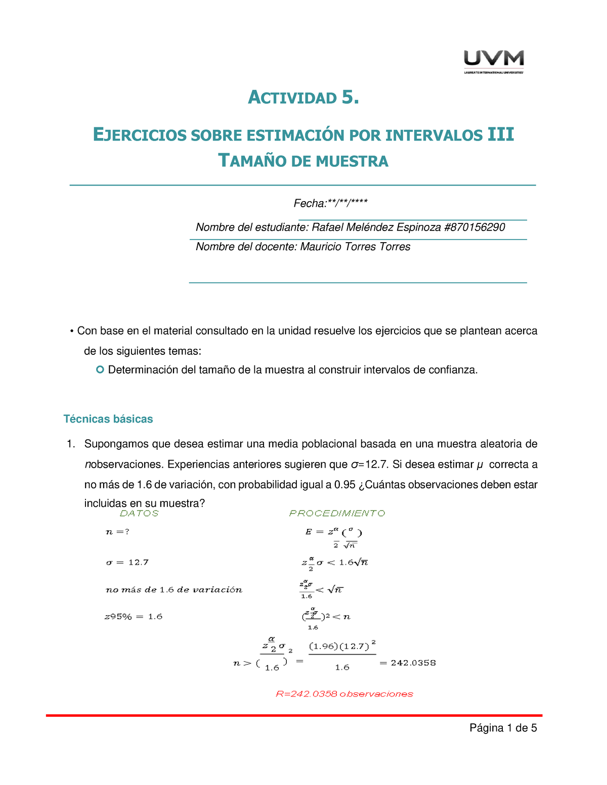 A5 Ejercicio - ACTIVIDAD - ACTIVIDAD 5. EJERCICIOS SOBRE ESTIMACI”N POR ...