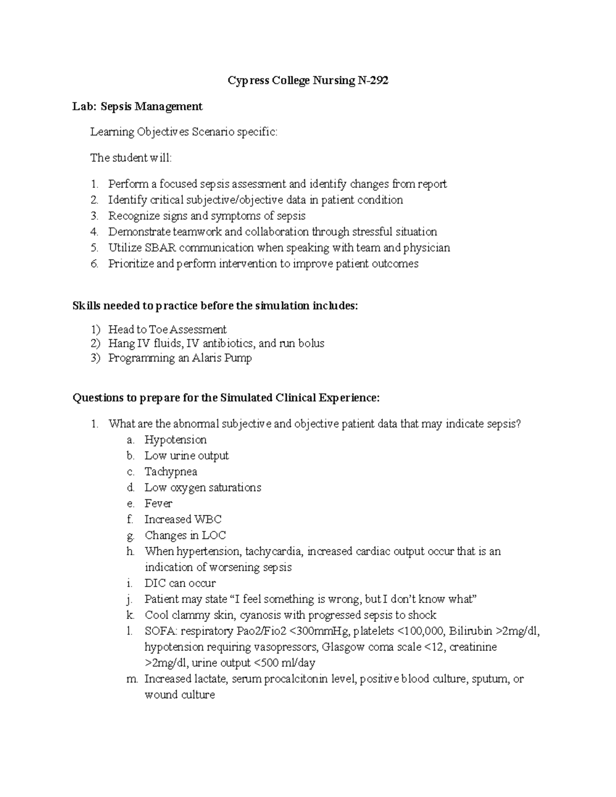 Sepsis prep Cypress College Nursing N Lab Sepsis Management