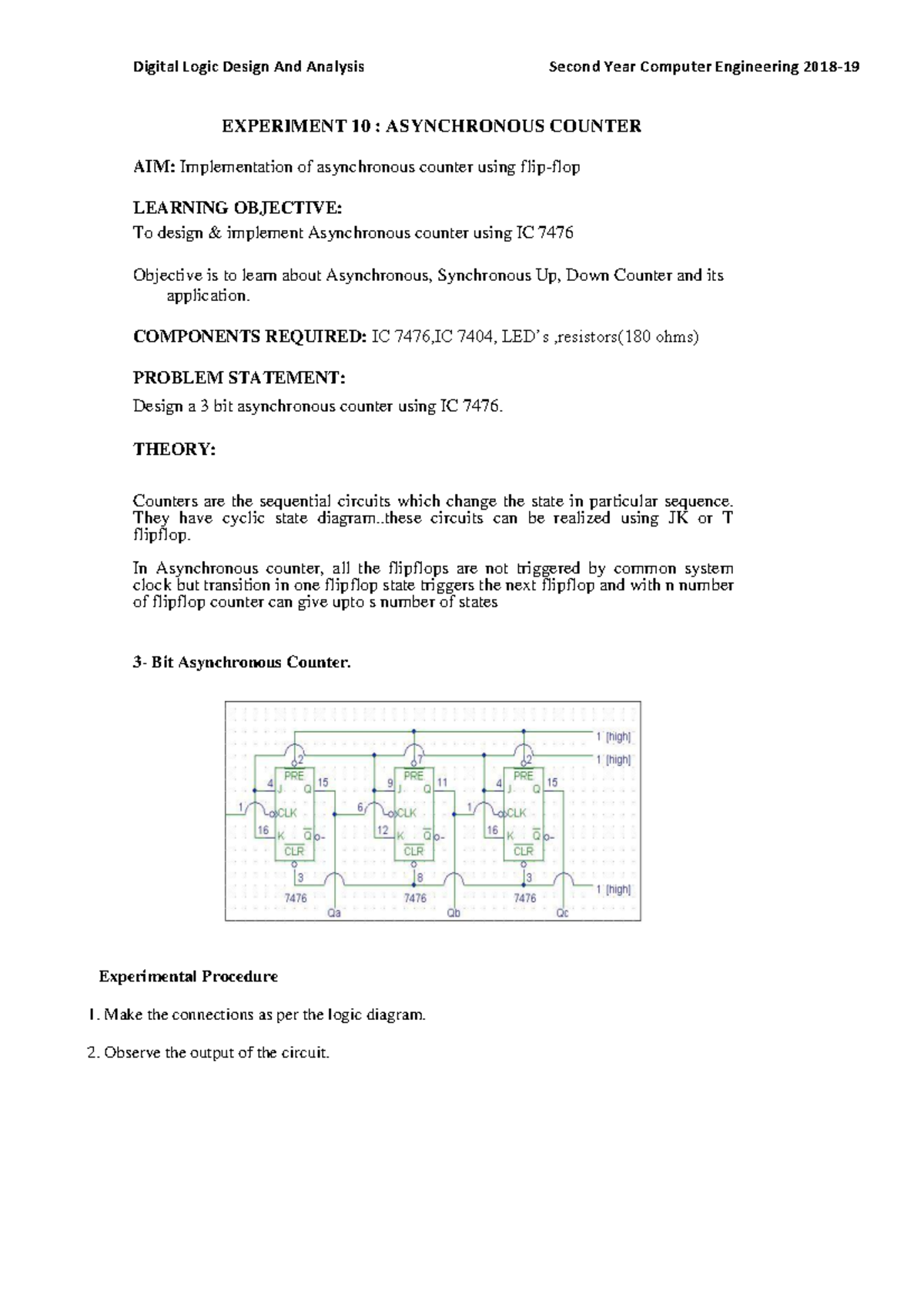 Experiment 10 DLDA 2018-19 Asynchcounter - Digital Logic Design And ...