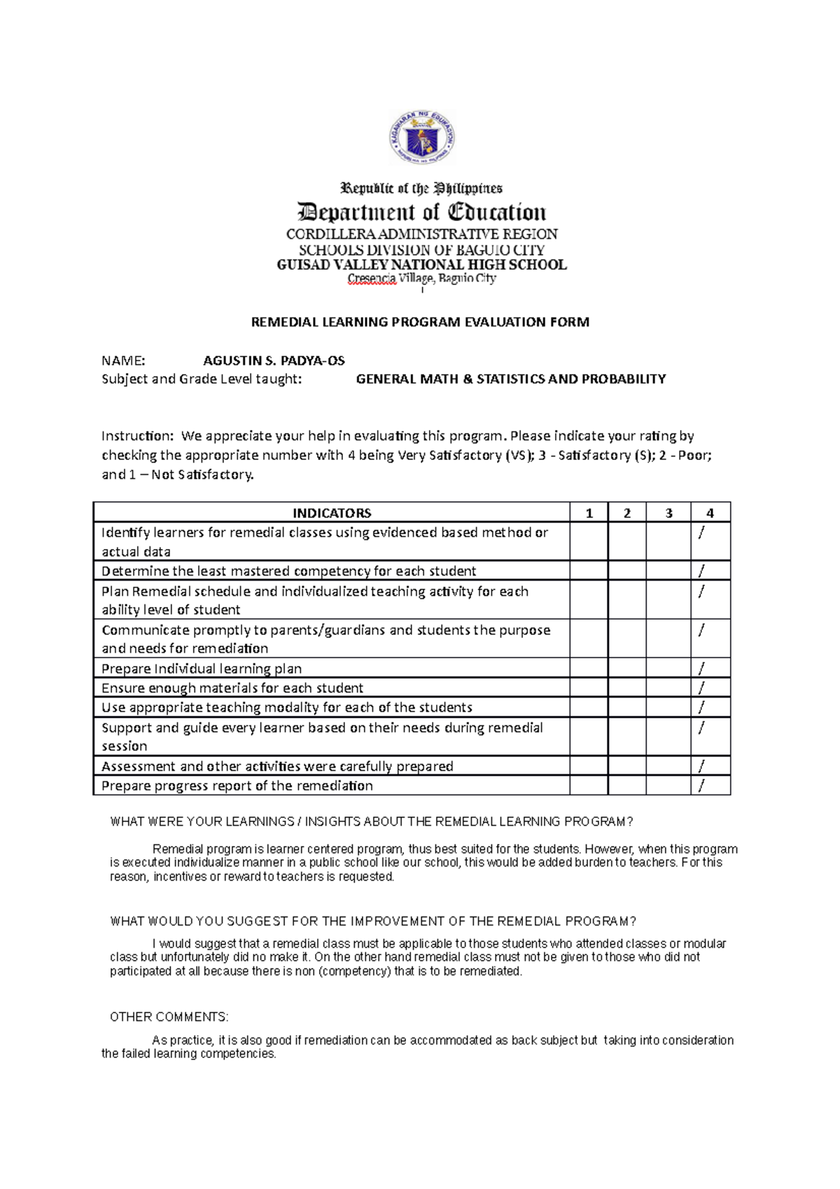 Remedial Evaluation Tools REMEDIAL LEARNING PROGRAM EVALUATION FORM remedial-class-letter-pdf